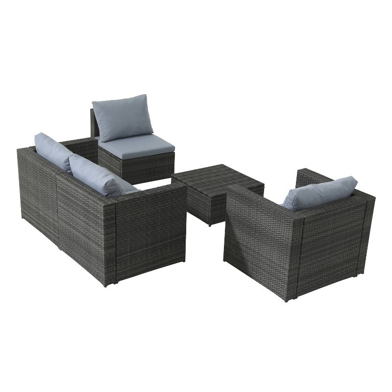 5pc Wicker Rattan Sofa Set with Gray Cushions - Accent Furniture