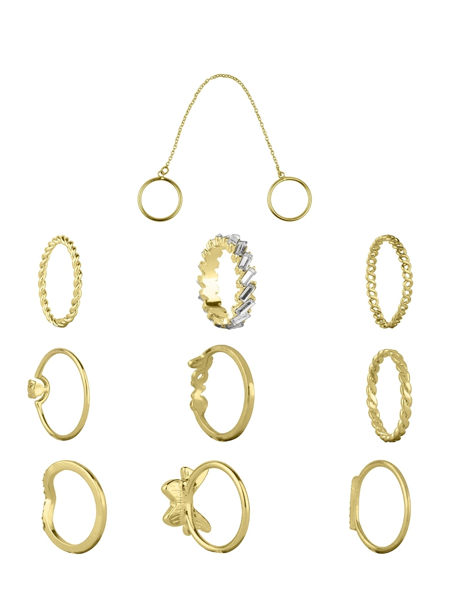 Lilly & Sparkle Gold Toned Crystal Studded and Chain Rings - Set of 10