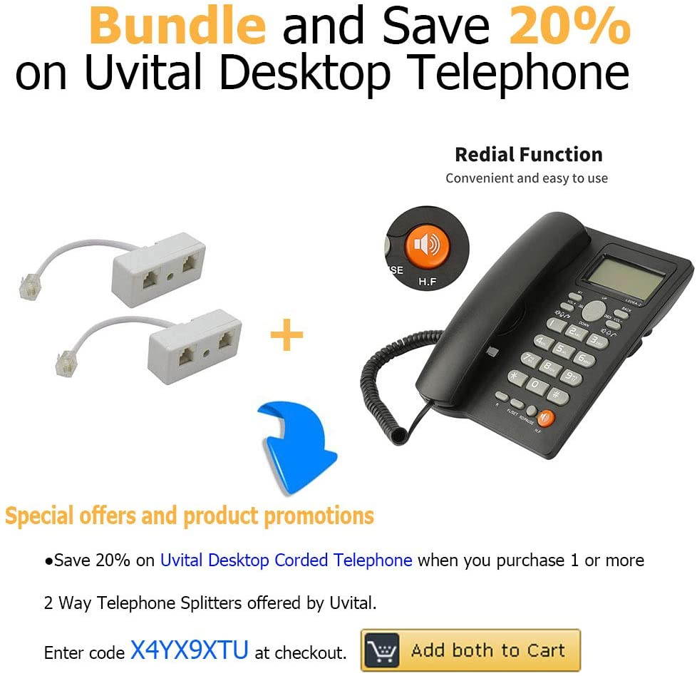 Two Way Telephone Splitters,  Male to 2 Female Converter Cable RJ11 6P4C Telephone Wall Adaptor and Separator for Landline (White, 2 Pack)