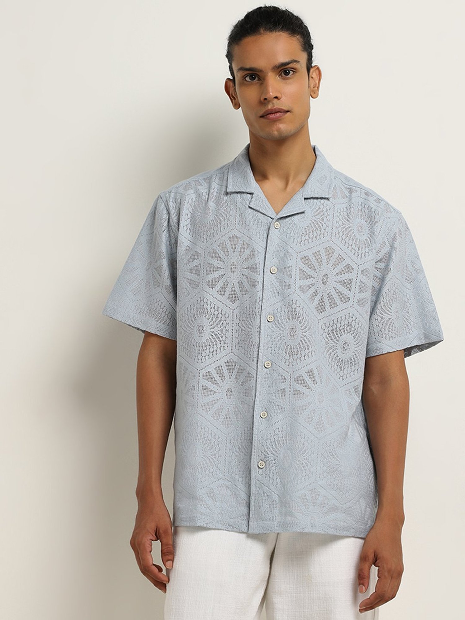 ETA by Westside Light Blue Relaxed-Fit Cotton Blend Shirt