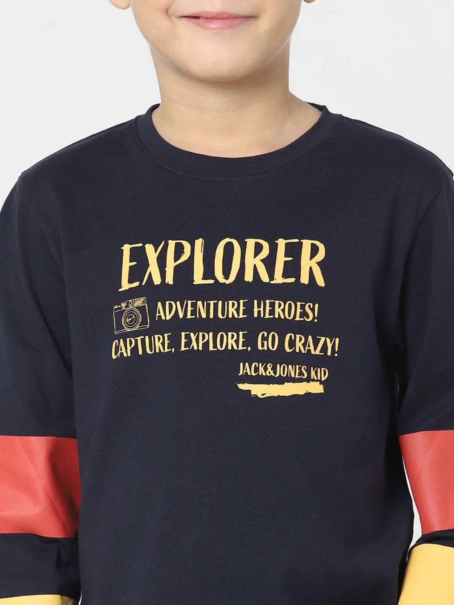 Jack & Jones Junior Blazer Navy & Yellow Cotton Printed Full Sleeves T-Shirt