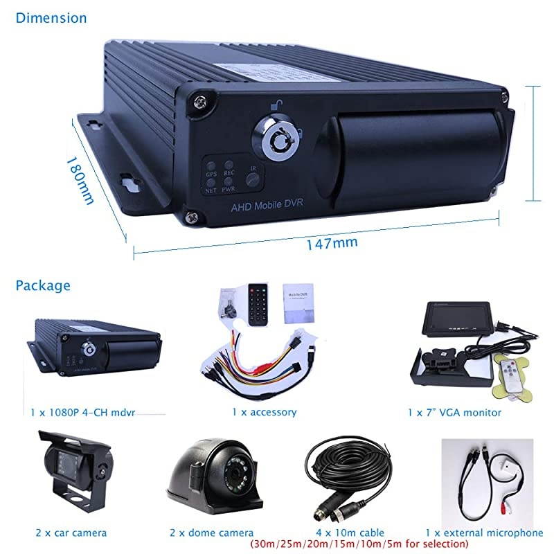 4 Channel 1080P AHD Two SD 512GB Mobile Vehicle Car DVR MDVR Video Recorder Kit with IR Night Vision Waterproof Side Front Rear View Sony Camera 7 inch Car Monitor for Truck RV Van Bus