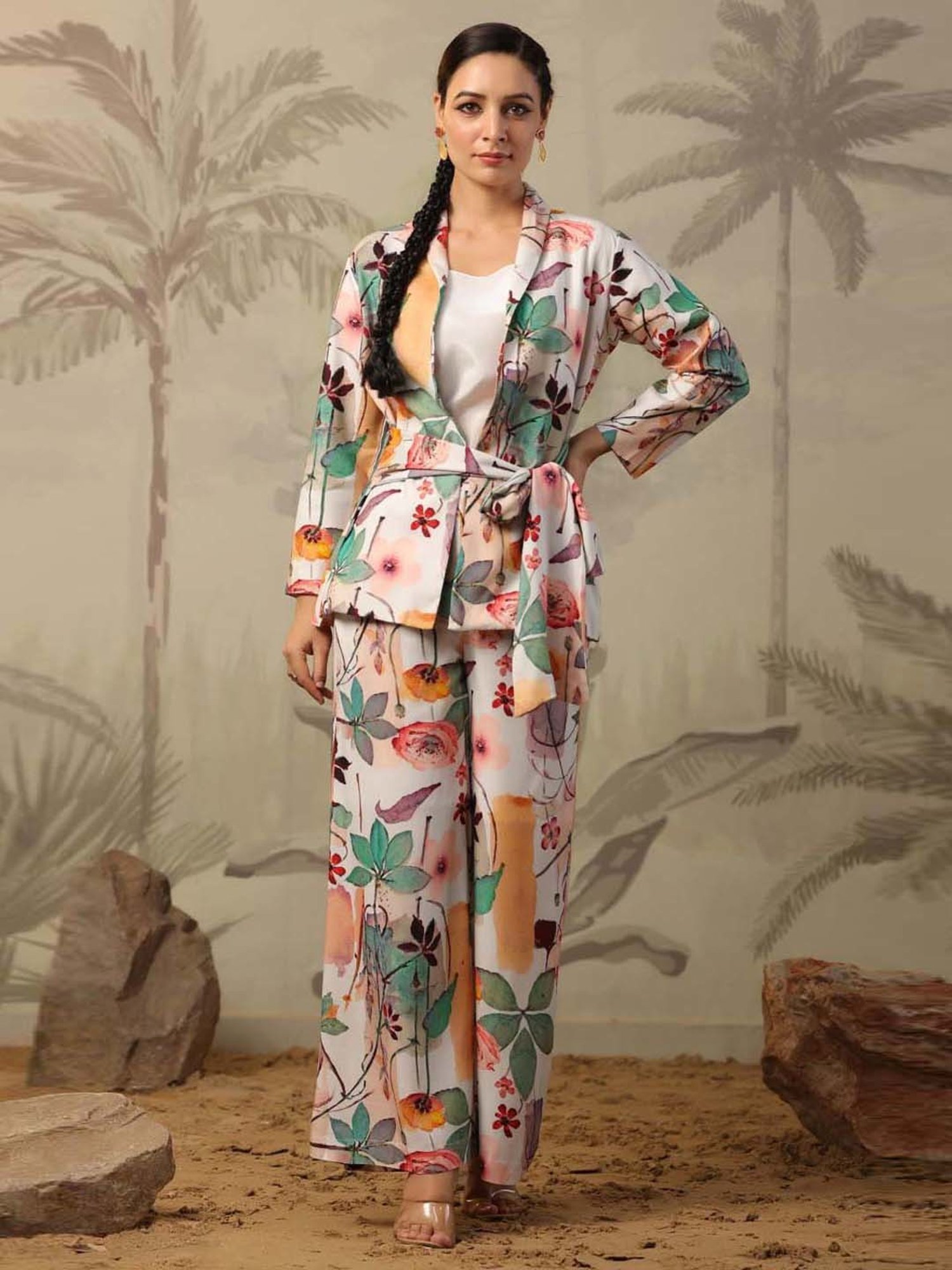SCAKHI White Floral Print Blazer Palazzo Set