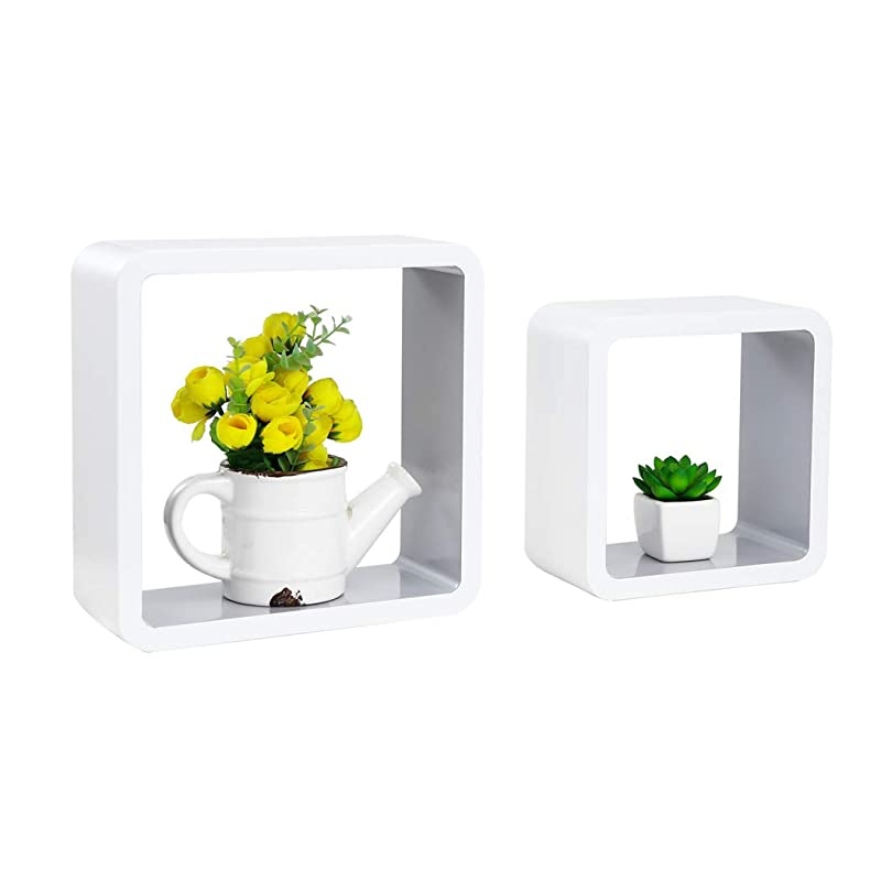 Set of 2 Cube Floating Shelves Wood Wall Shelves for Home Decoration Storage Display Rack White+Gray