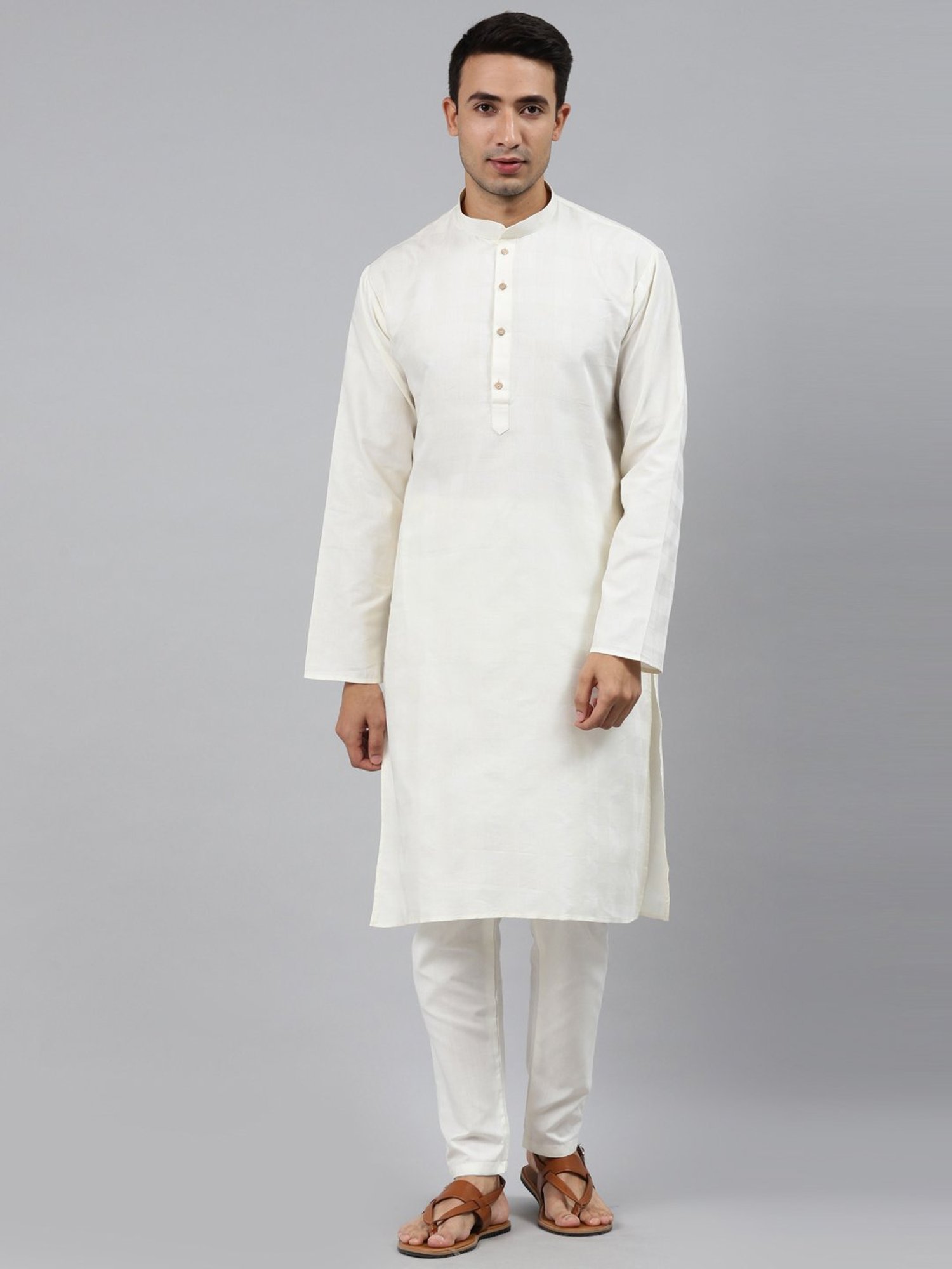 ManQ Cream Regular Fit Self Pattern Ethnic Wear