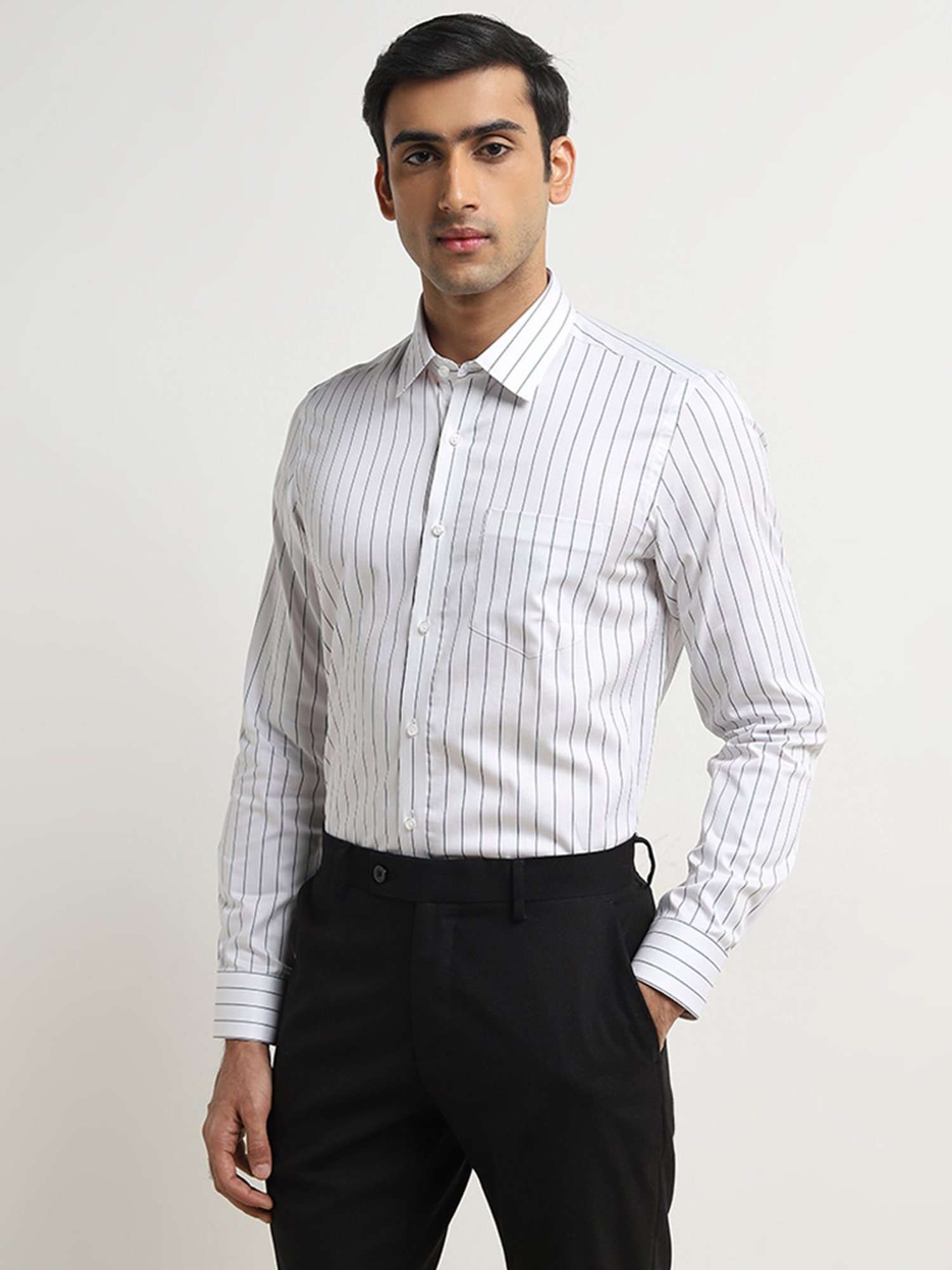 WES Formals by Westside White Stripe Patterned Slim-Fit Cotton Shirt
