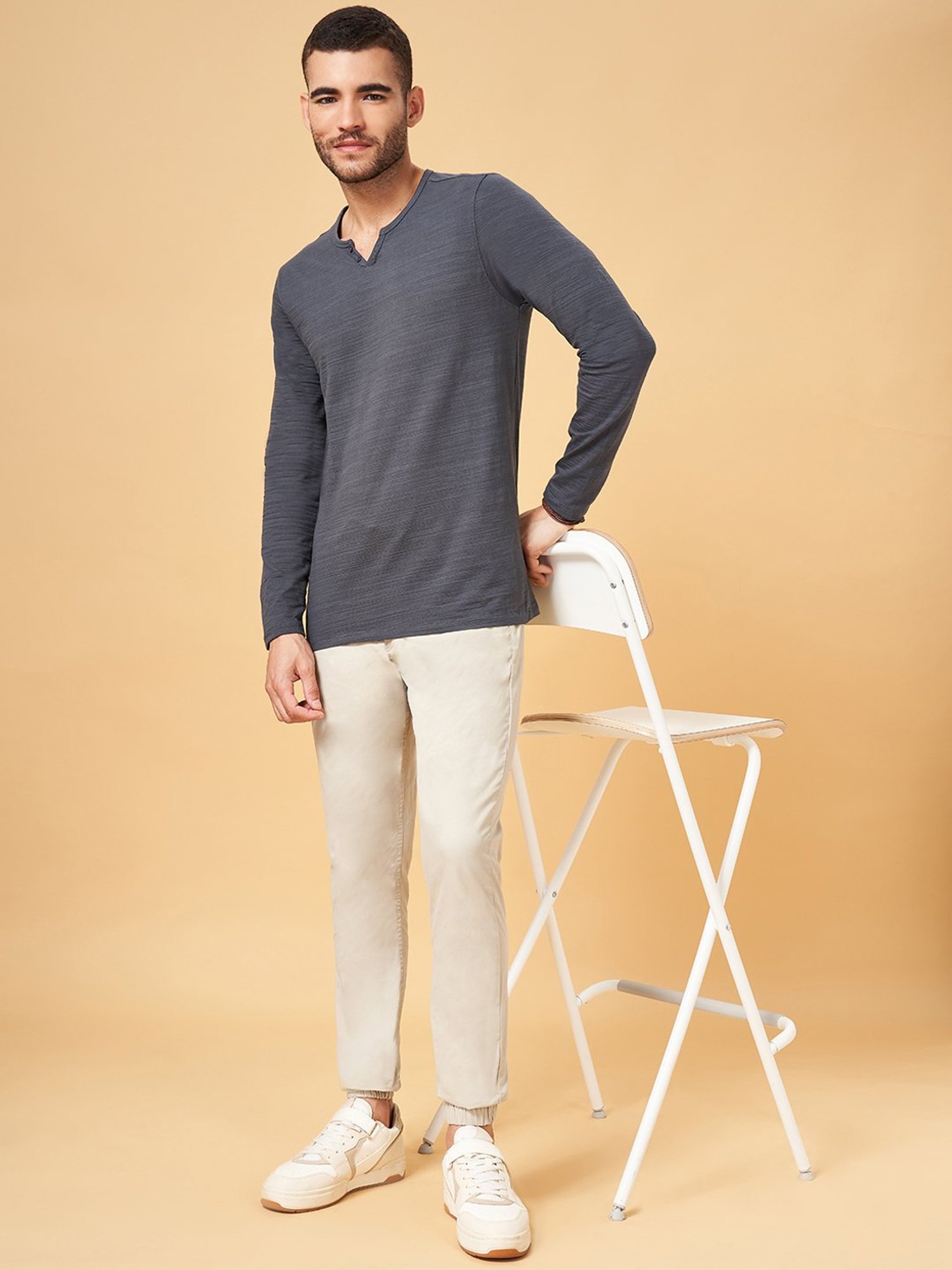 Urban Ranger by Pantaloons Dark Grey Slim Fit Henley T-Shirts