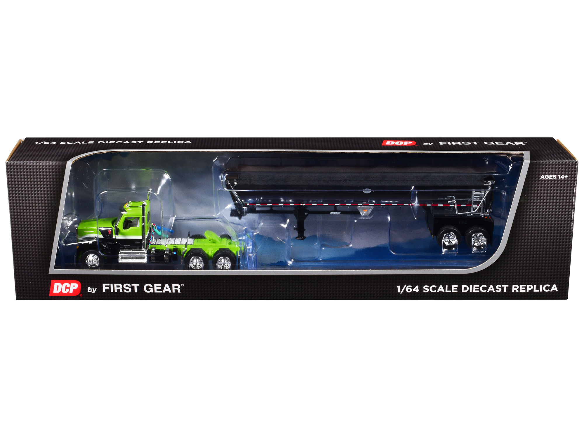 Kenworth W990 Day Cab and MAC Half-Round Tandem-Axle Dump Trailer Lime Green and Black 1/64 Diecast Model by DCP/First Gear