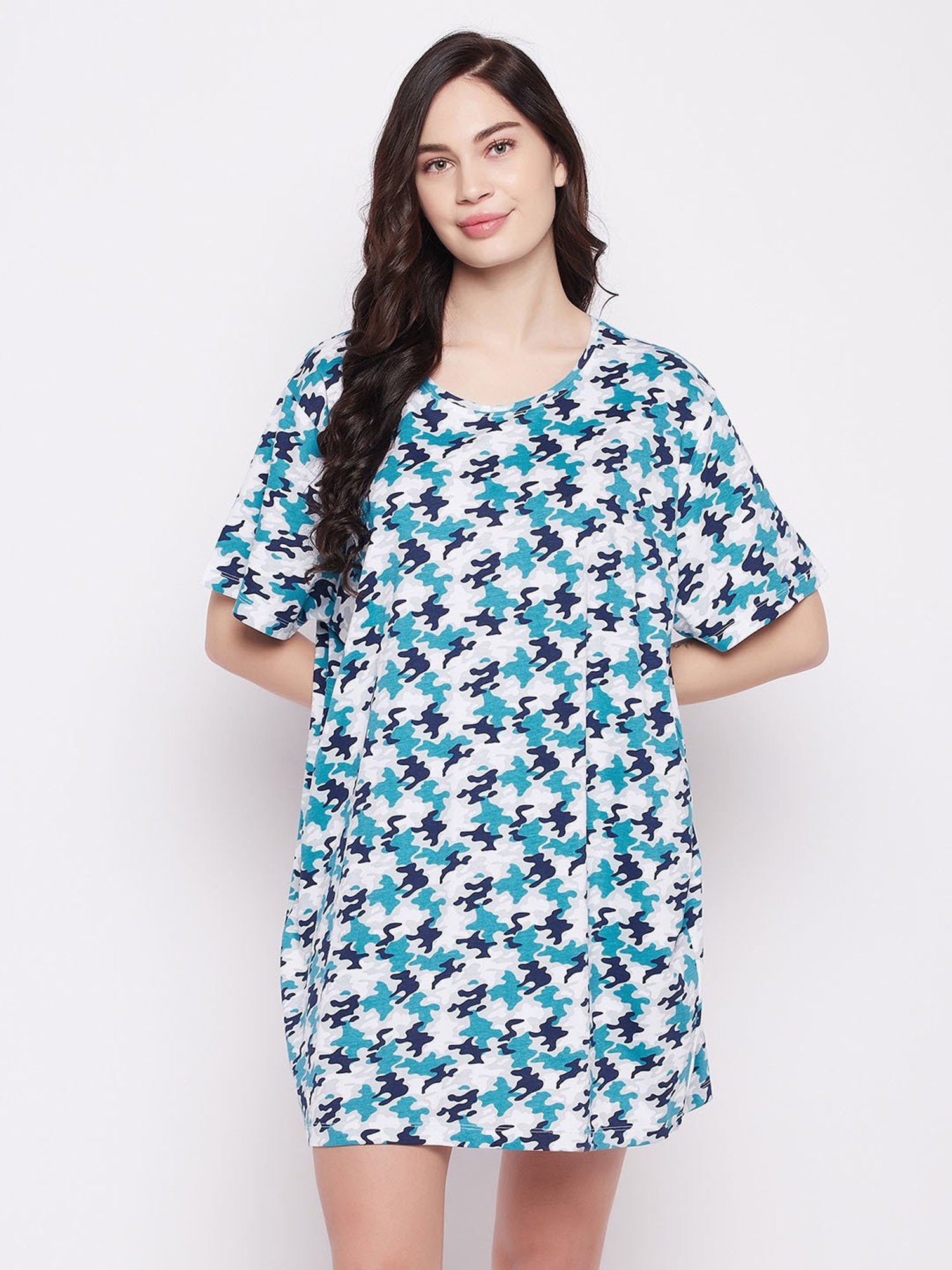 Clovia White & Blue Cotton Printed Oversized T-Shirt
