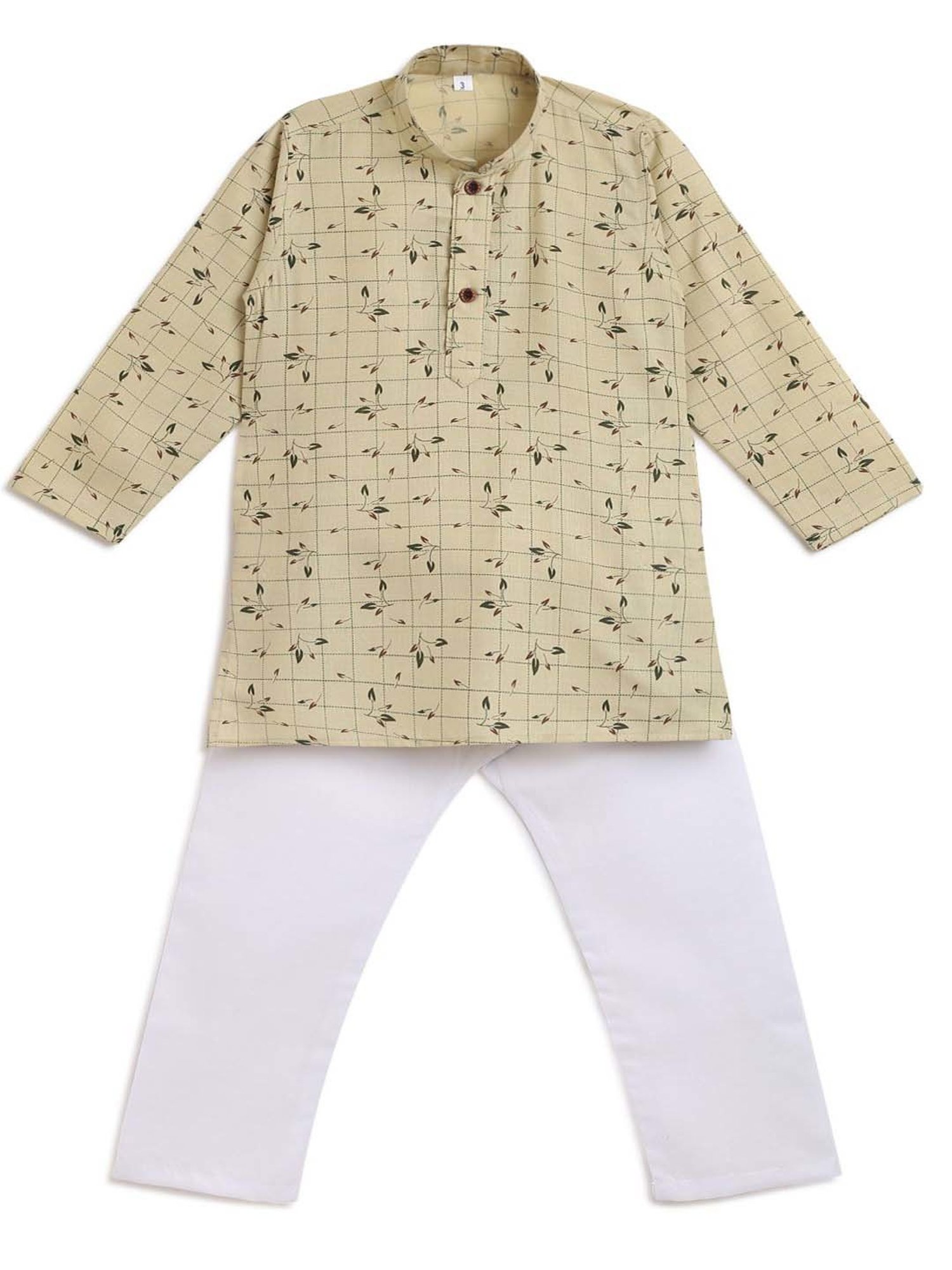 AJ Dezines Kids Beige & White Cotton Printed Full Sleeves Kurta Set