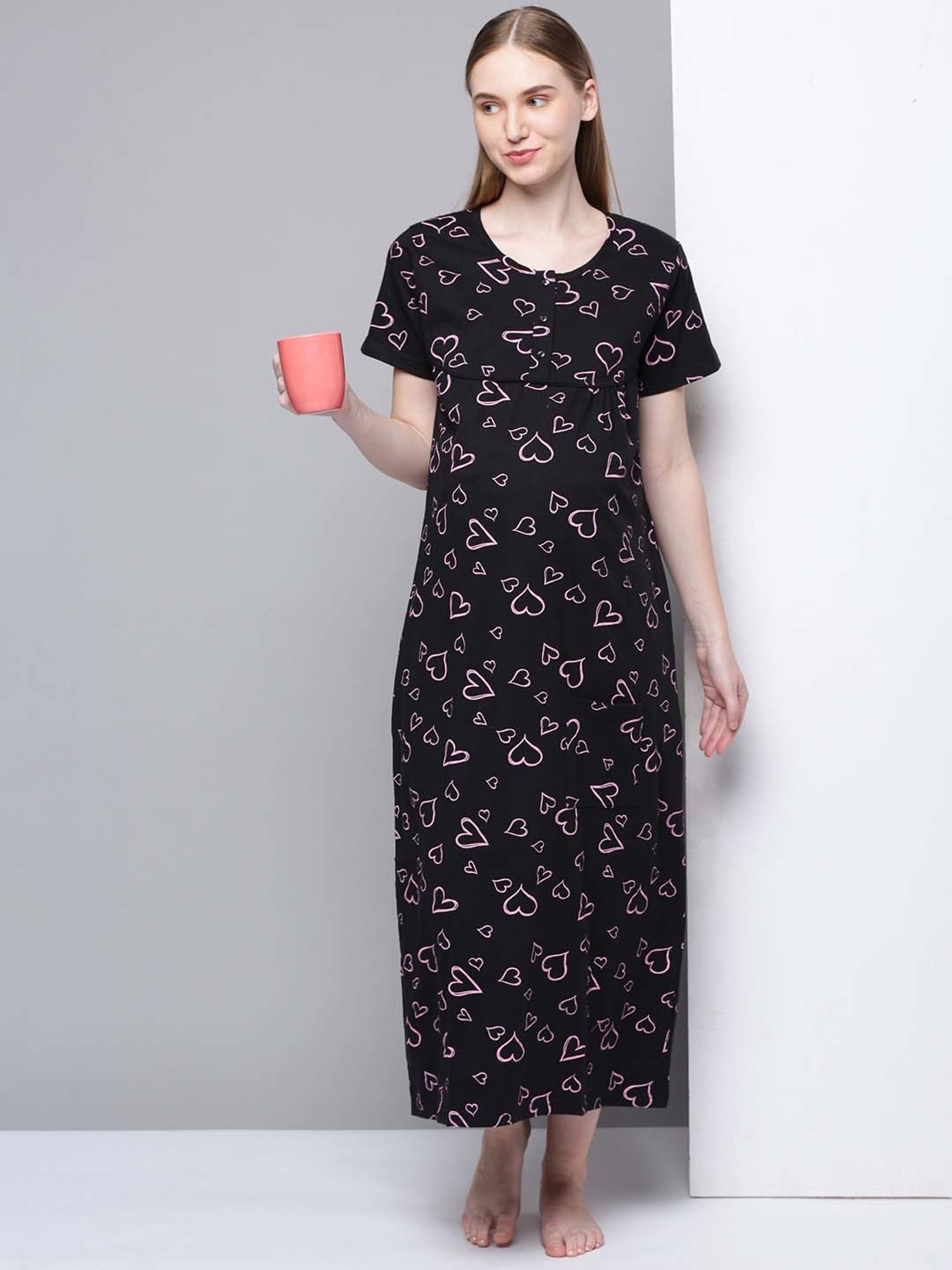 Kryptic Black Cotton Printed Maternity Nightdress