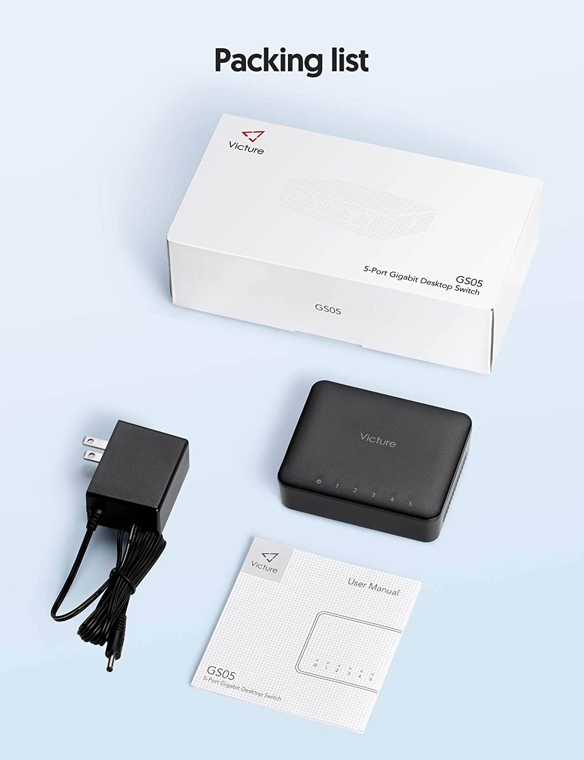 Victure 5-Port Gigabit Ethernet Switch Unmanaged Ethernet Splitter for Home/Dormitory/OfficeUnshielded Network Switch Fanless Quiet Plastic Case Plug and Play