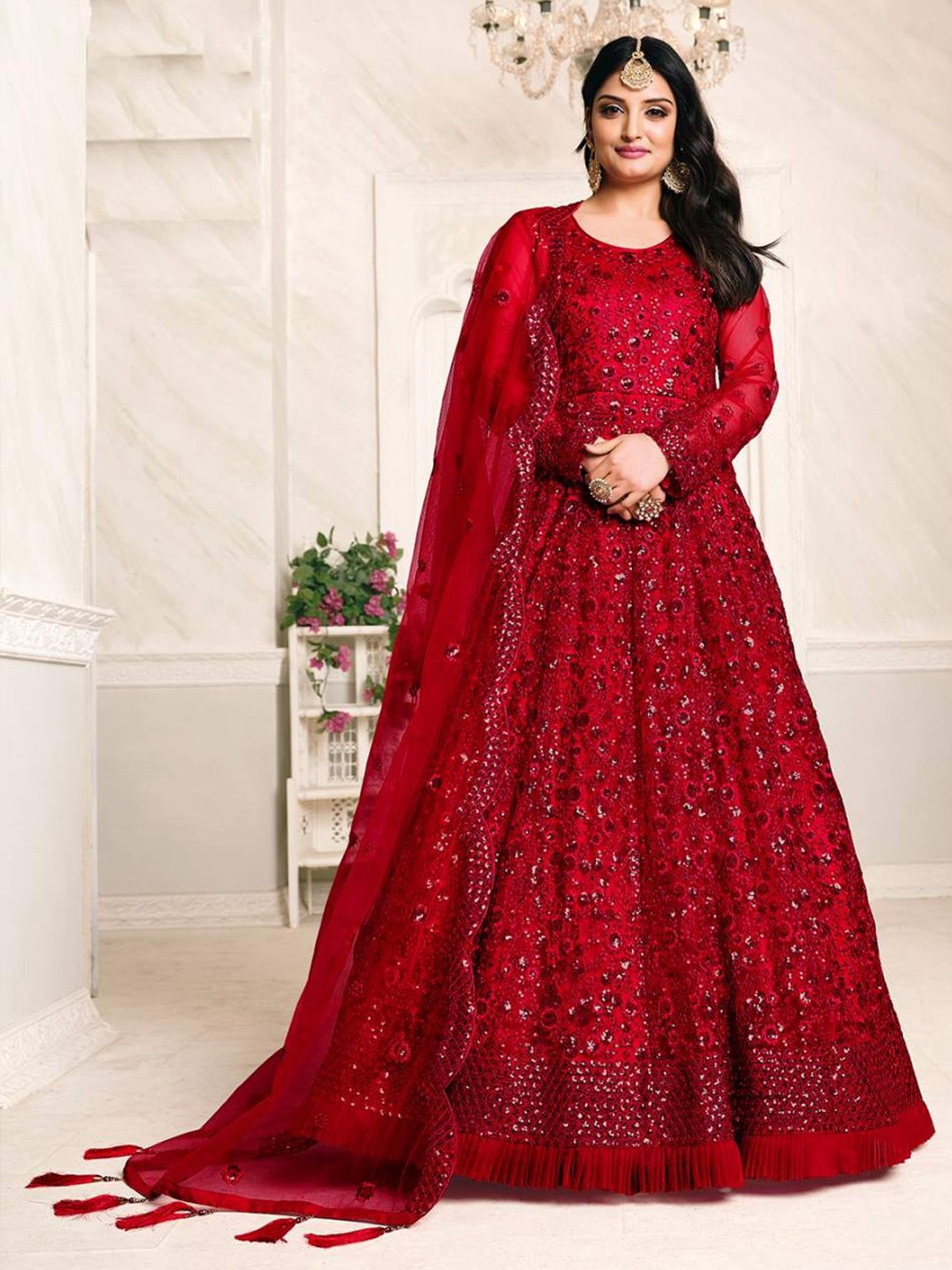 Odette Red Embroidered Unstitched Dress Material