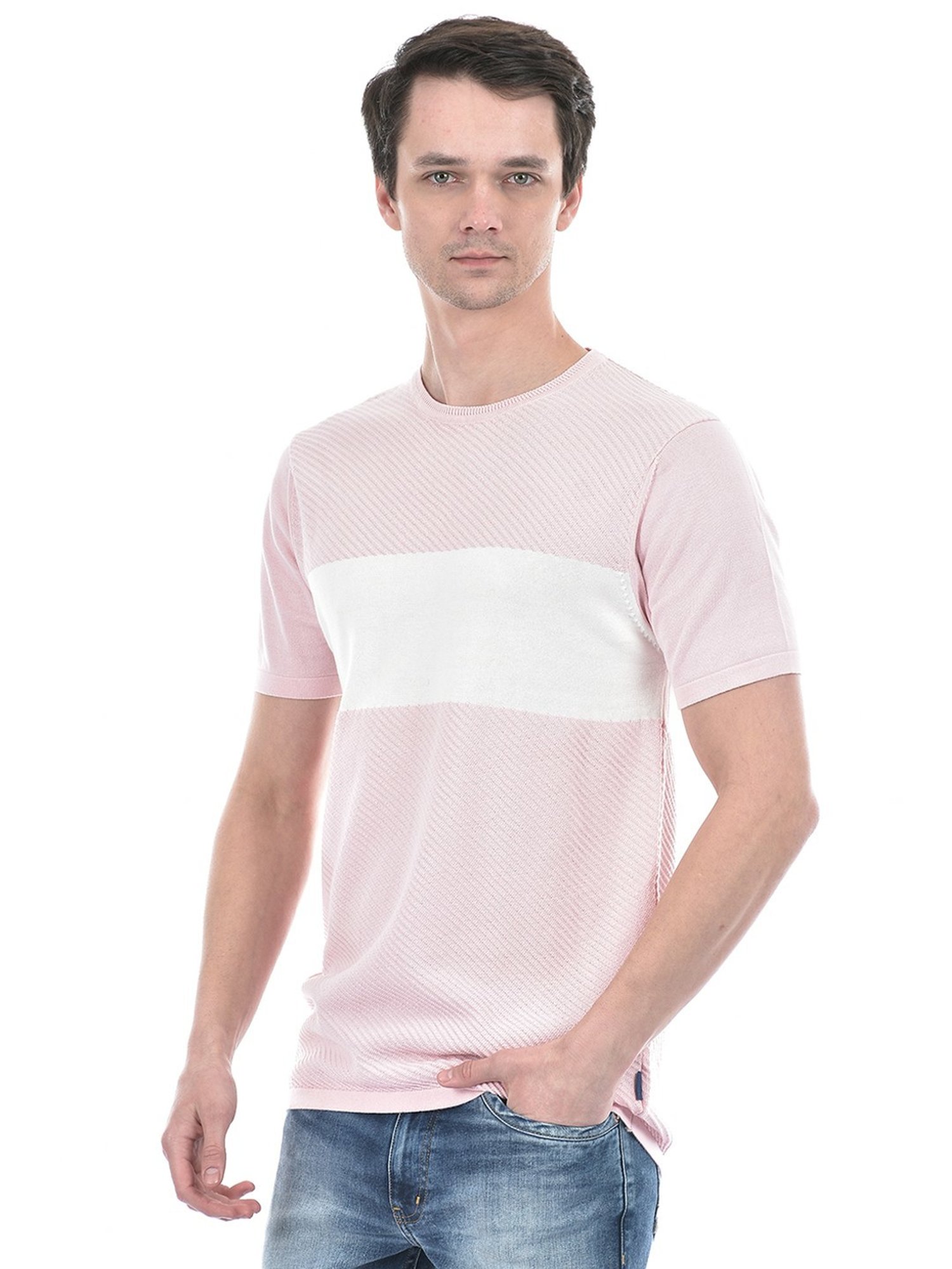 Numero Uno Dusty Pink Cotton Slim Fit Colour Block T-Shirt