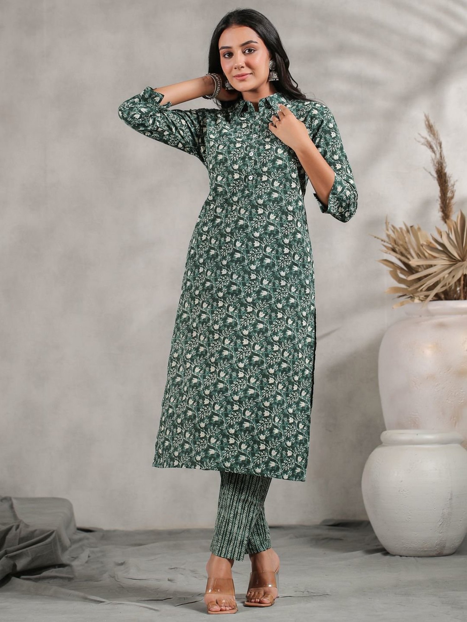 Anubhutee Green Cotton Floral Print Kurta Pant Set