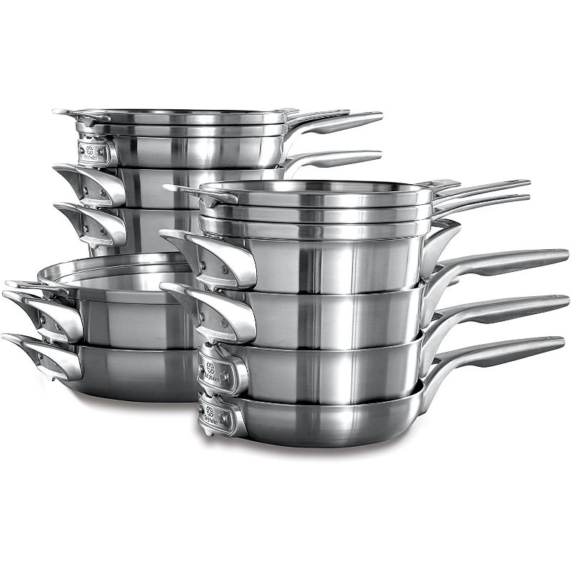 Calphalon Premier Space Saving Stack and Nest Versatile Stainless Steel 15 Piece Kitchen Pot and Pan Cookware Set, Silver