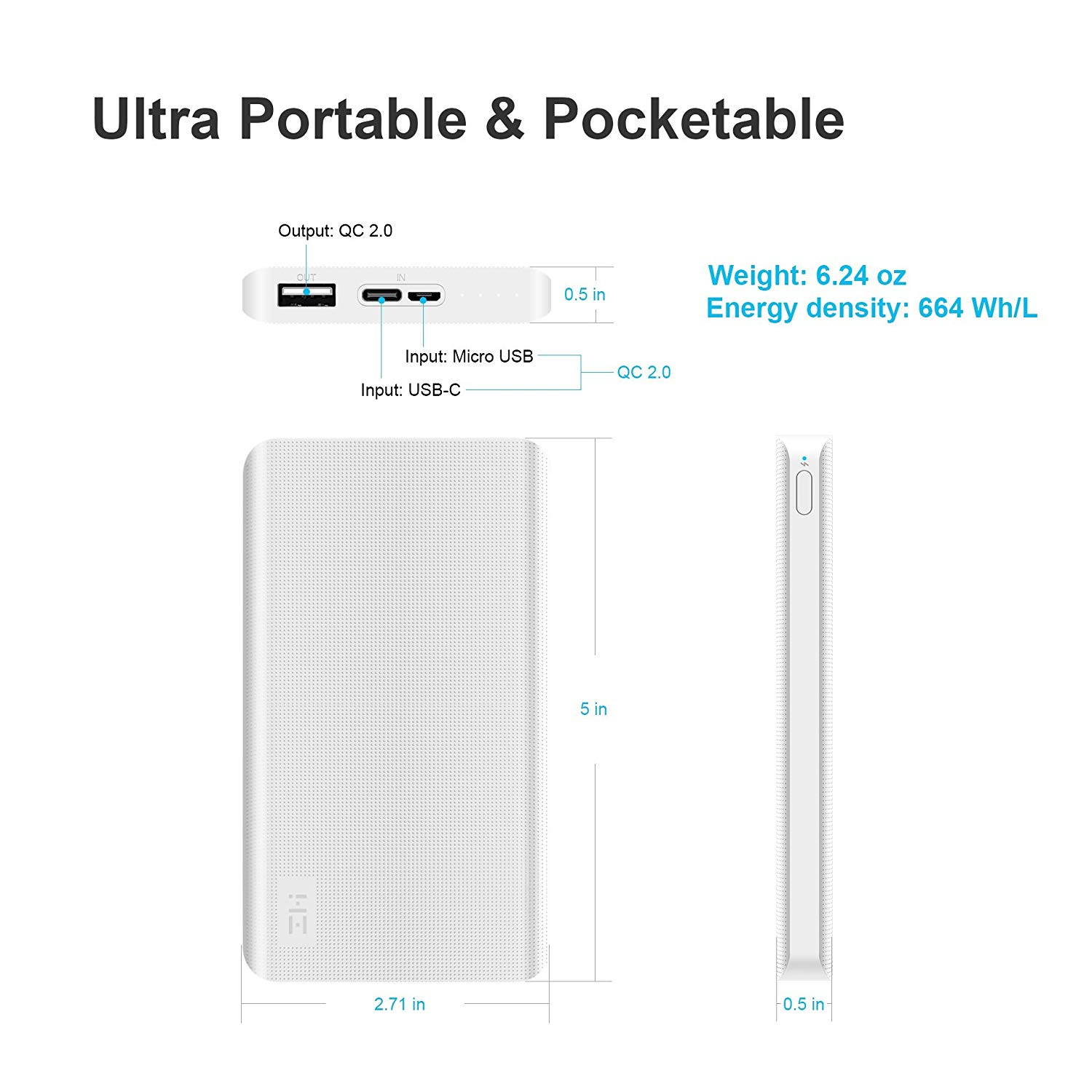 ZMI PowerPack 10K Smallest Lightest 10000mAh Battery Pack Fast Charging Portable Charger Pocket Power Bank for iPhone iPad Samsung (Nexus Pixel 2/XL Require Special Cord) Phone Cords Sold Separately