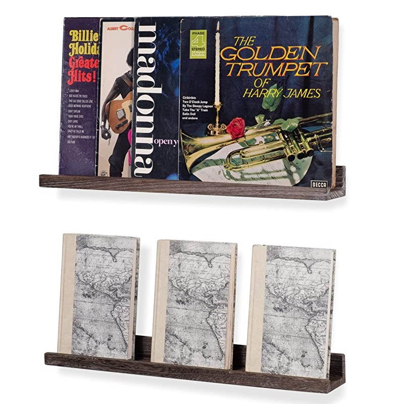 Ted Wall Mount Narrow Picture Ledge Shelf Display | 24 Inch Floating Wooden Shelves Distressed Brown Set of 2