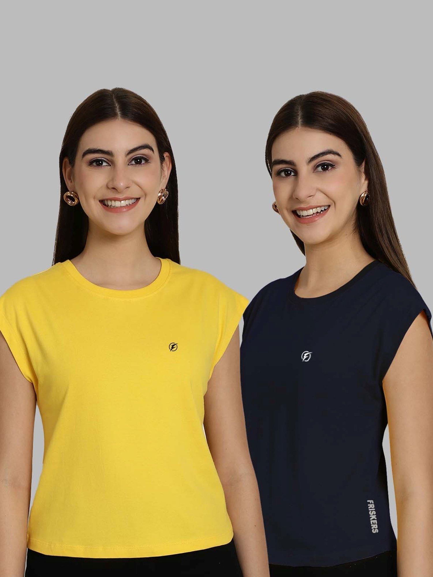 Friskers Yellow & Navy Slim Fit Sports T-Shirts - Pack Of 2