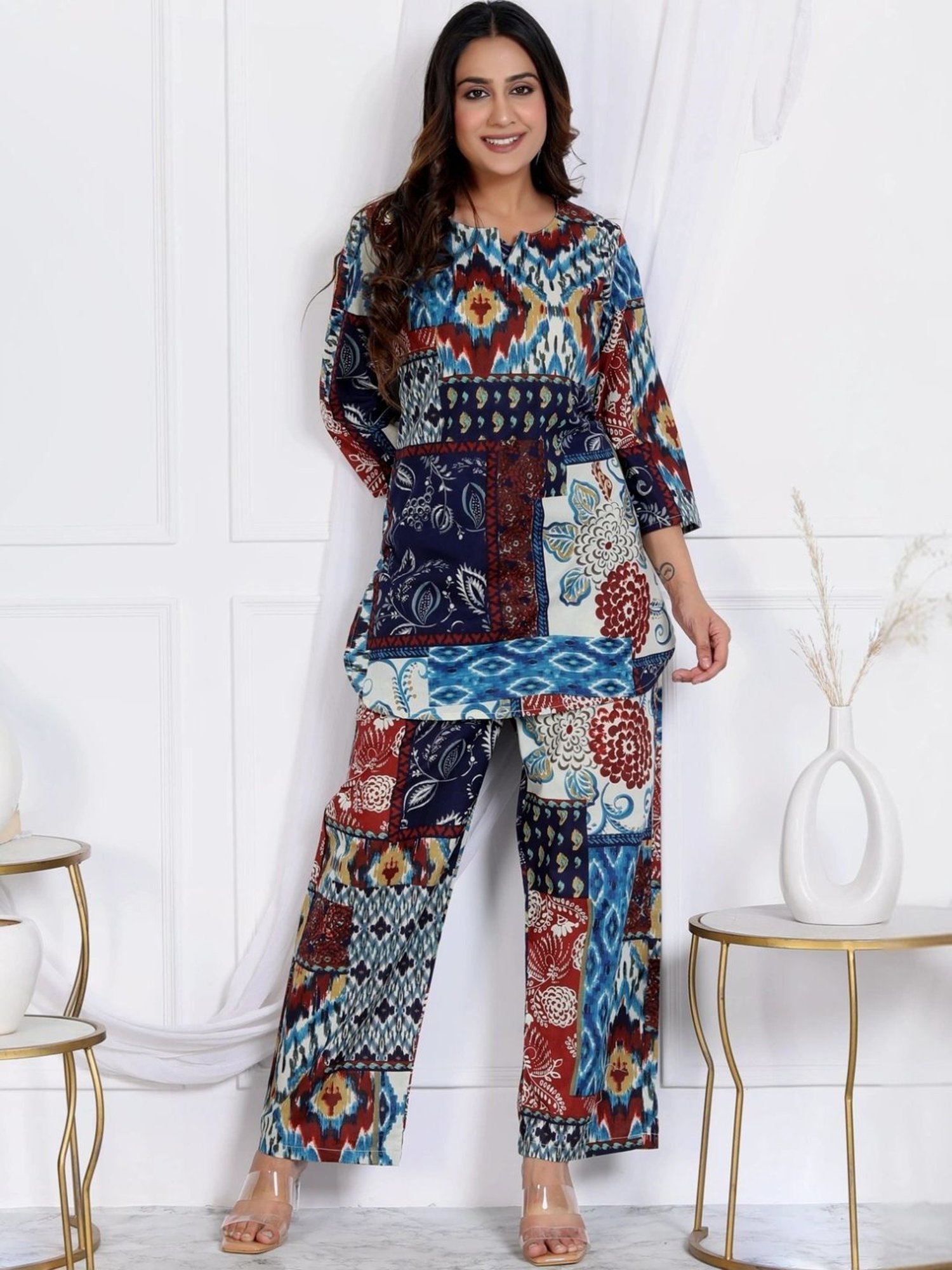 Kaftanize Blue Ikkat Patches Printed Ethnic Tunic with Pant