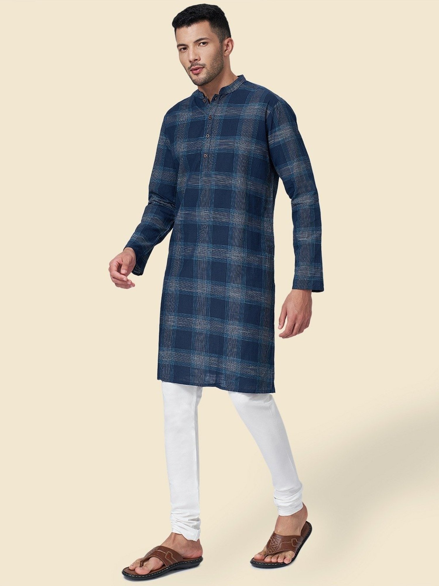 Indus Route by Pantaloons Indigo Blue Cotton Regular Fit Checks Kurta
