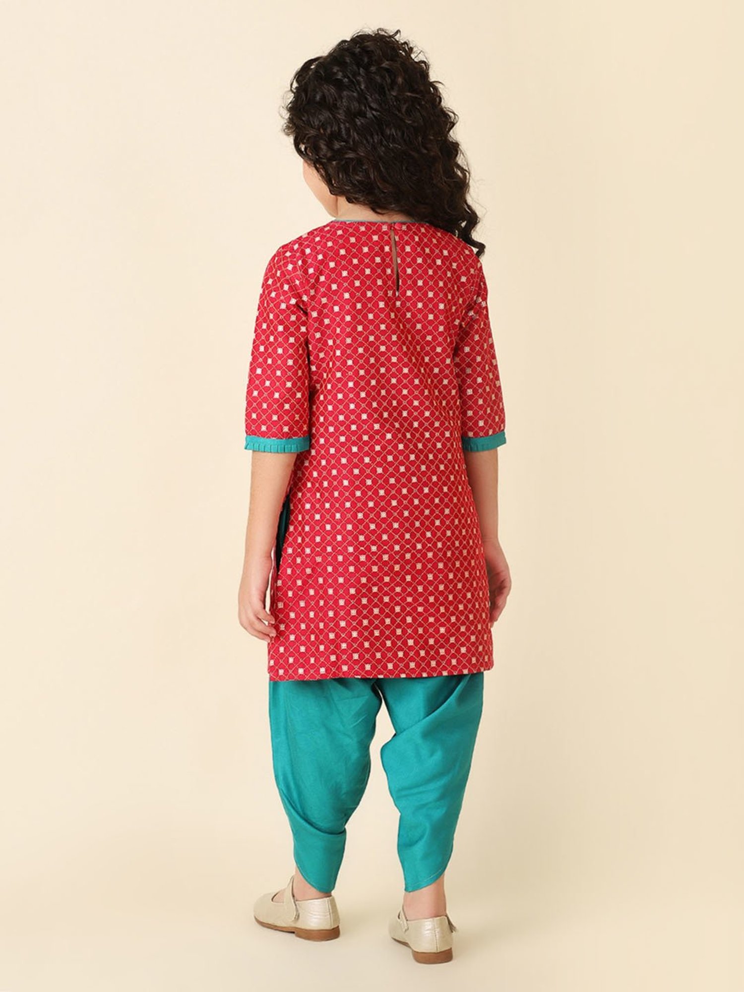 Fabindia Kids Magenta & Green Printed Kurta, Dhoti with Dupatta