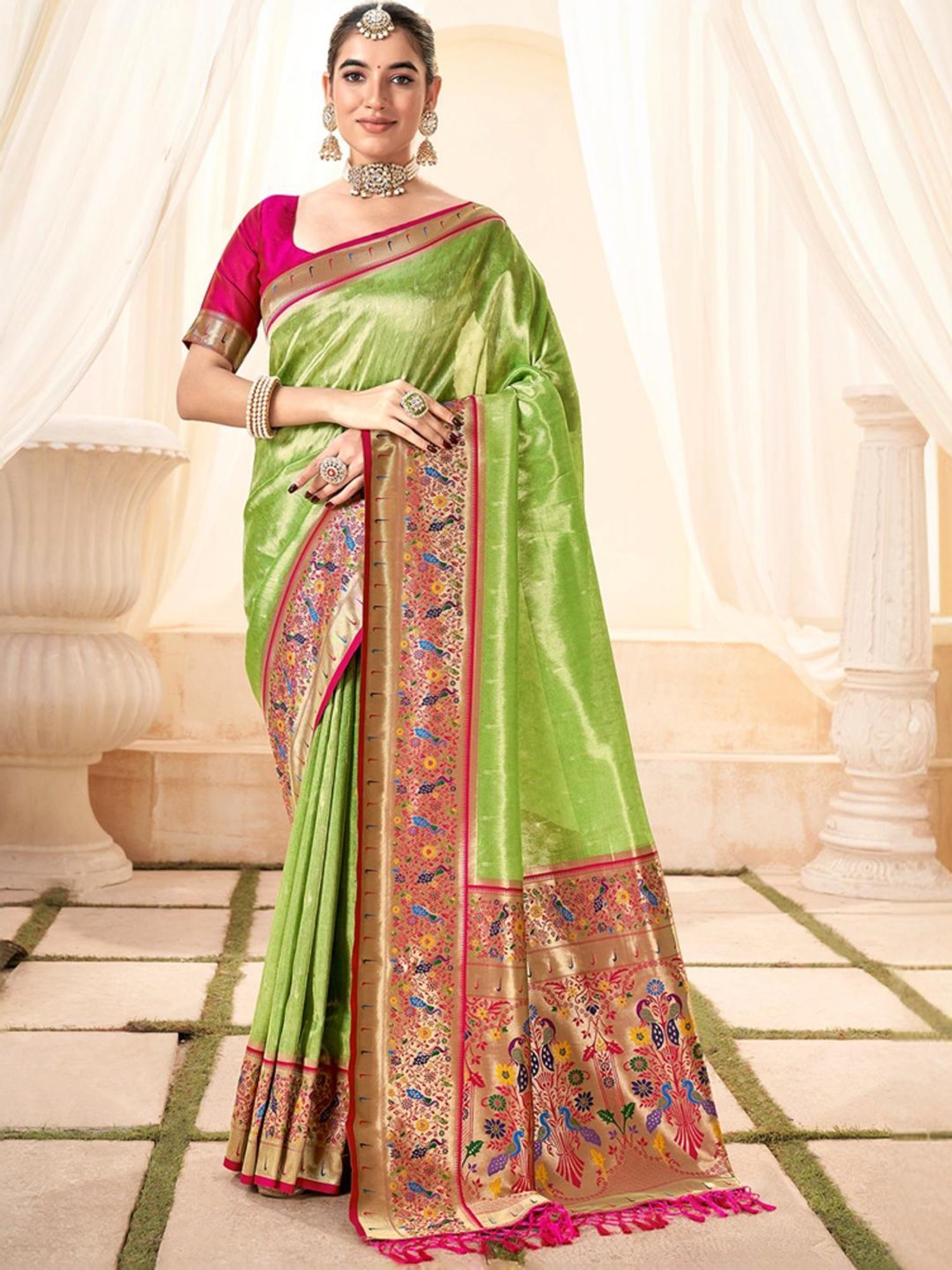 Satrani Green & Pink Woven Saree With Unstitched Blouse