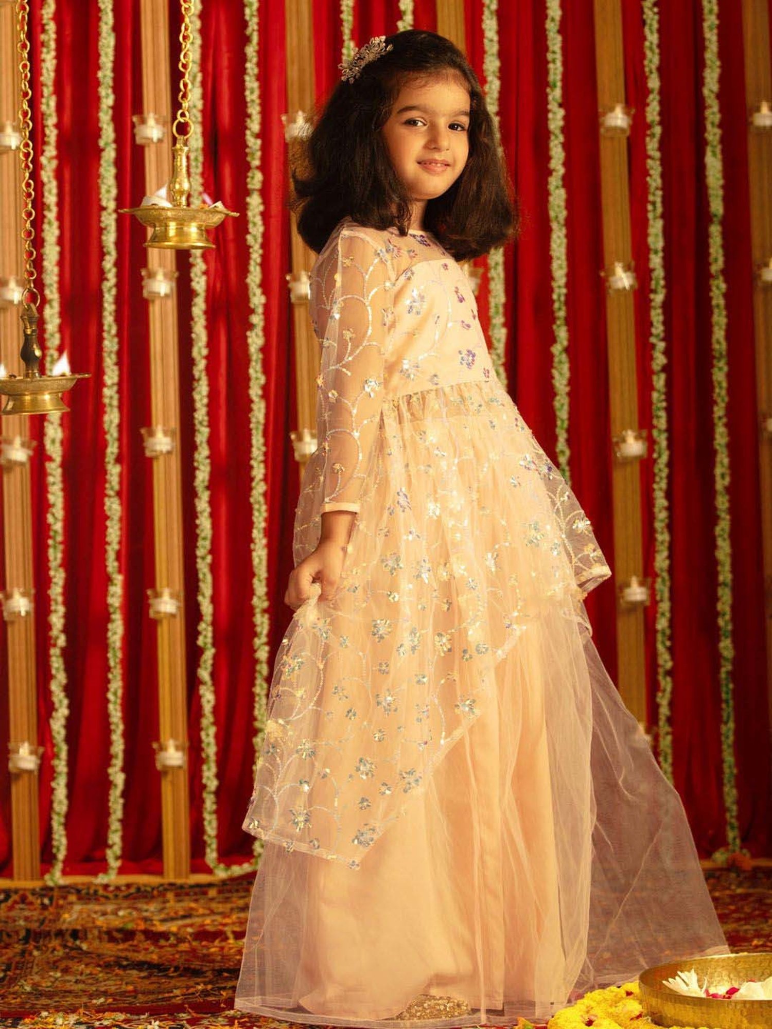 VASTRAMAY Girls Peach Embroidery Lehenga Cholis