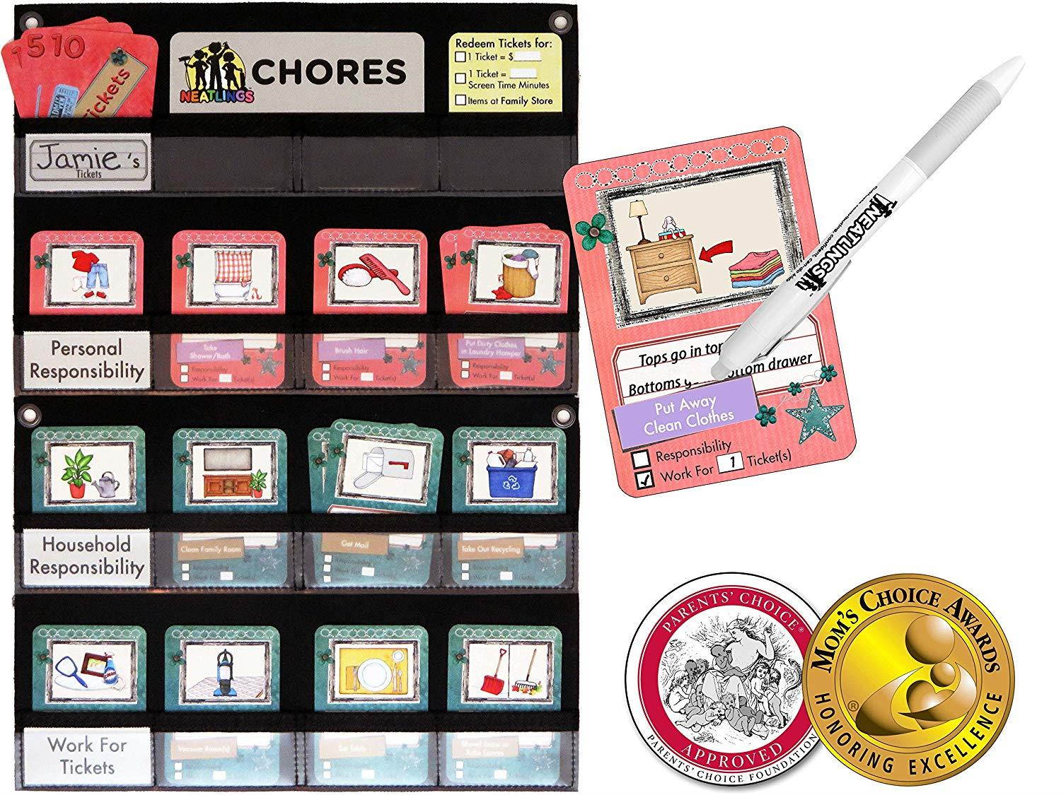 NEATLINGS Chore System - Chore Chart for Kids | 80+ Chores for Toddlers to Teens | Customize for 1 Child | Size 18&rdquo;x12.5&rdquo; | Teal Household Chore Cards/Pink Self-Care Chore Cards