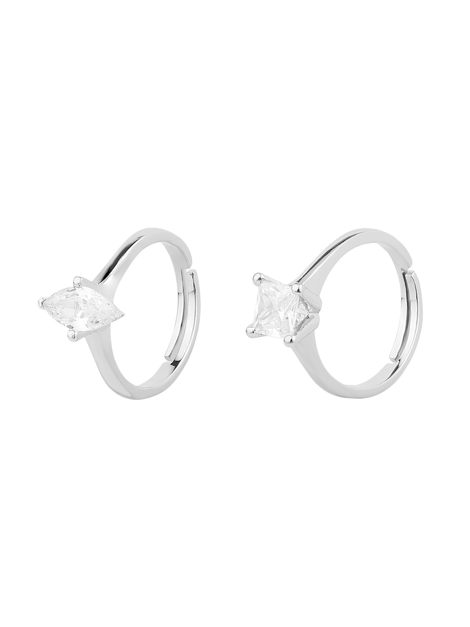 Lilly & Sparkle Brass Rhodium Plated and Square Shape CZ Stone Studded Adjustable Rings - Set of 2