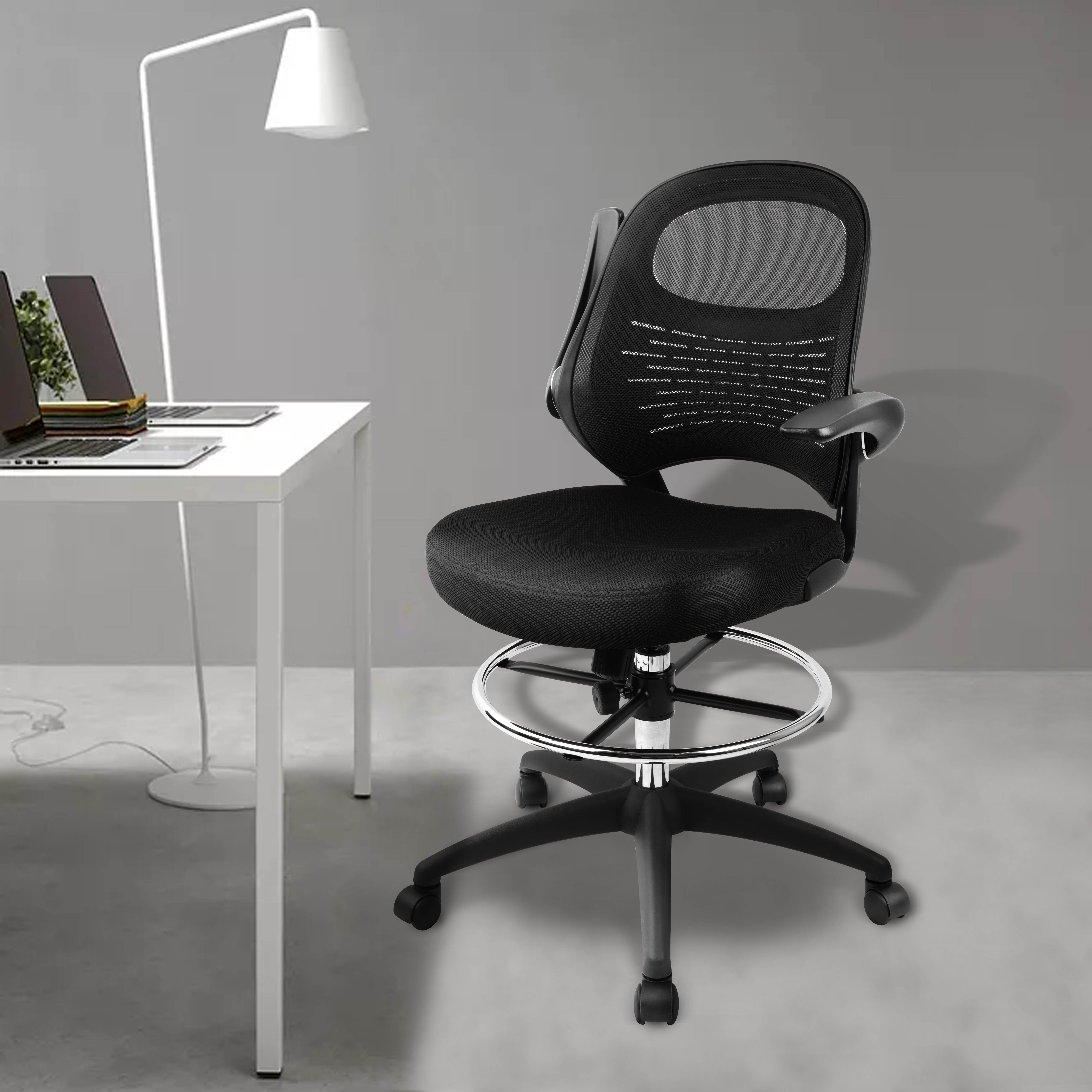 Drafting Chair, Tall Office Chair for Standing Desk, Mesh Drafting Table Chair with Adjustable Foot Ring, Flip-Up Arms, Black