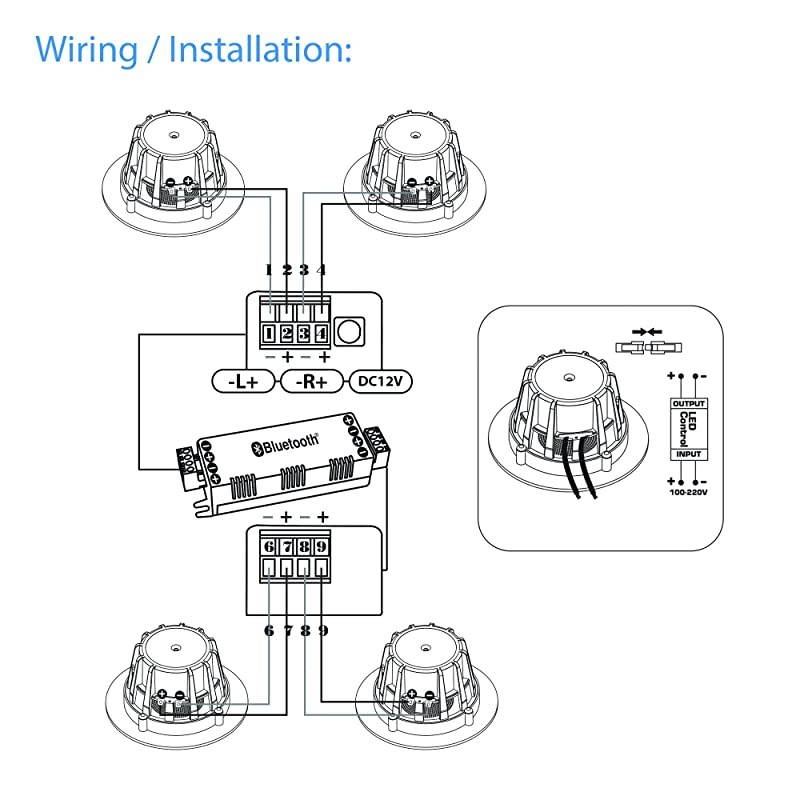3&rdquo; Bluetooth Flush Mount in-Wall in-Ceiling 2-Way Home Speaker System Built-in LED Lights Aluminum Housing Spring Loaded Clips Polyprone Cone & Tweeter Stereo 200W, Set of 4 (PDIC4CBTL3B) , White