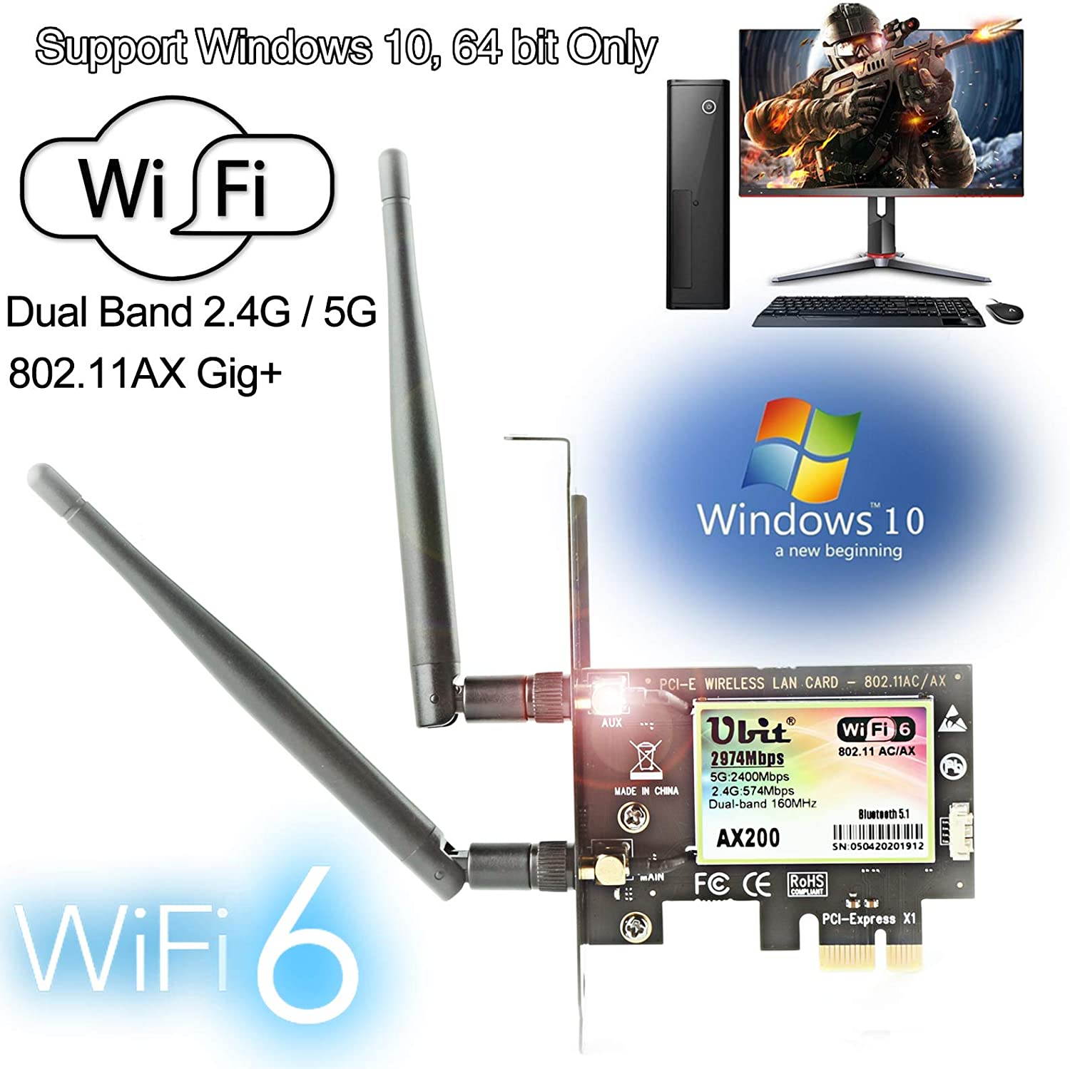 WiFi 6 Card for PC | Wireless PCIe WiFi Card | Max 3000Mbps with Bluetooth 5.1 | Intel AX200 Chip,MU-MIMO,OFDMA,Ultra-Low Latency | 802.11AX Dual-Band PCI-E Card (for Windows 10, 64-bit Only)