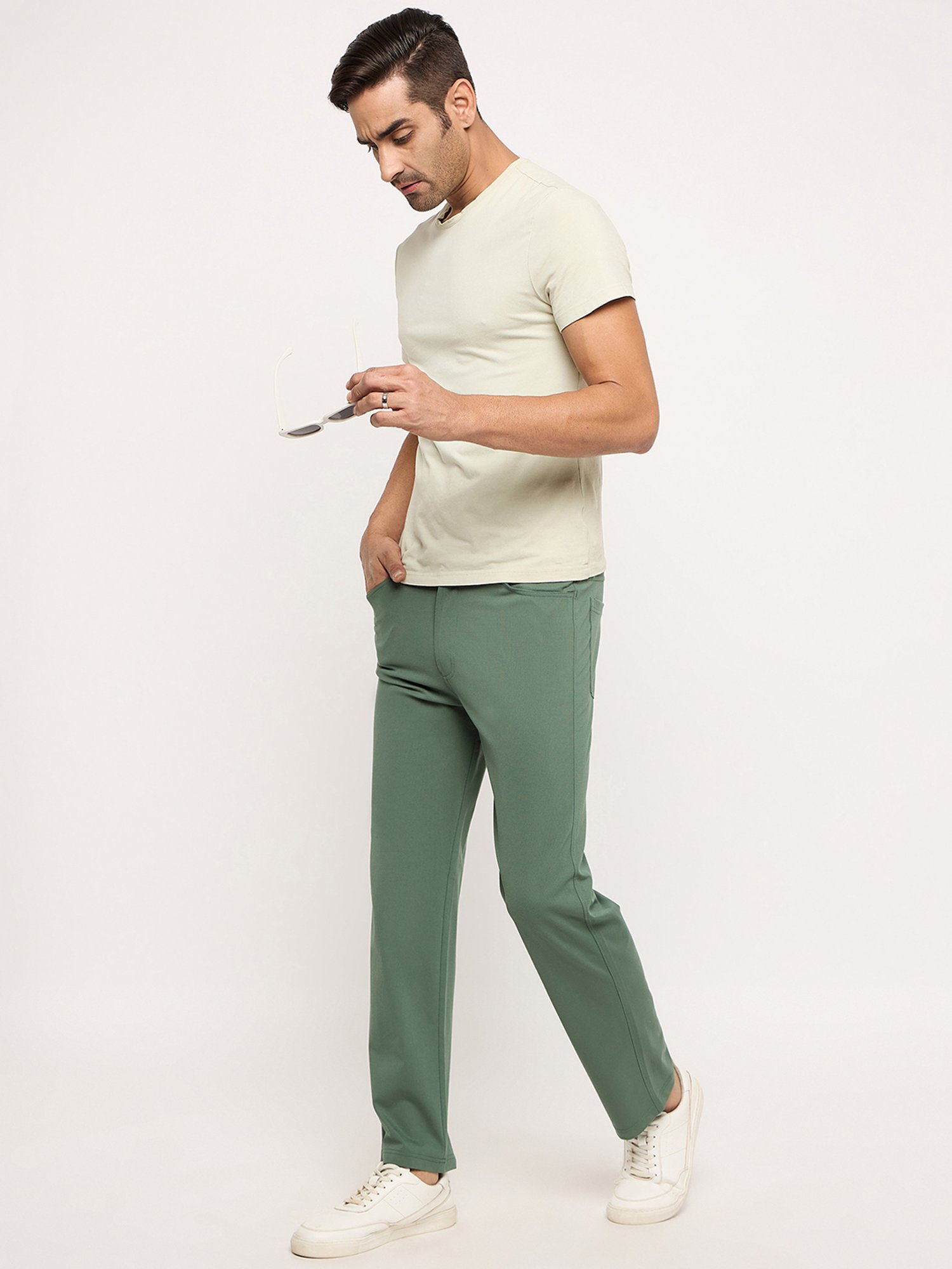 Okane Olive Regular Fit Flat Front Trousers