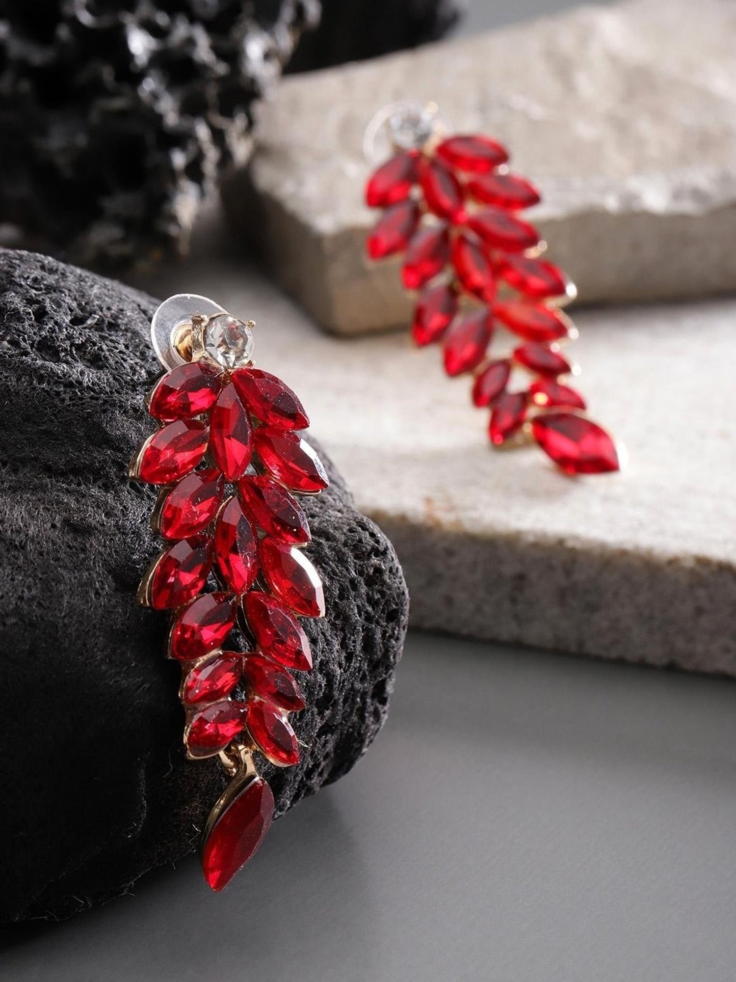 YouBella Red Gold-Plated Leaf-Shaped Stone-Studded Drop Earrings
