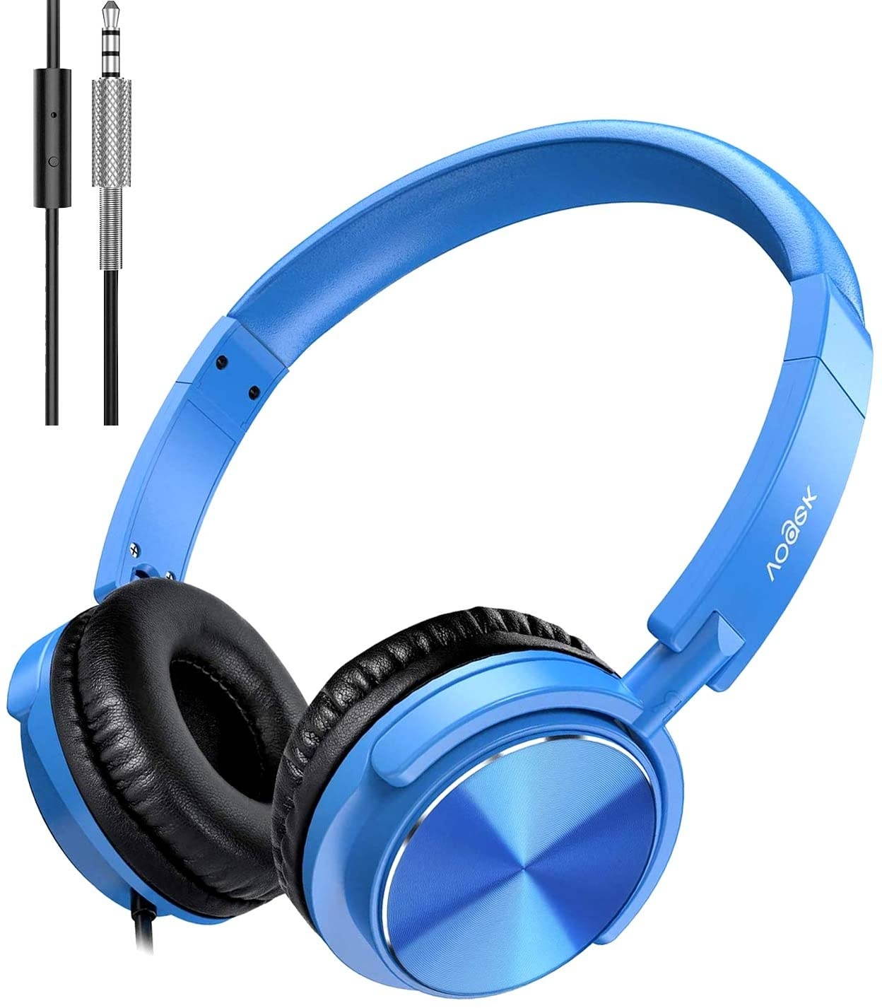 Vogek Foldable Headphones with Microphone Portable Wired Headset with Deep Bass Safe Volume Limited 94dB Adjustable Headband and Noise Isolation for Kids Students Teens (Blue)