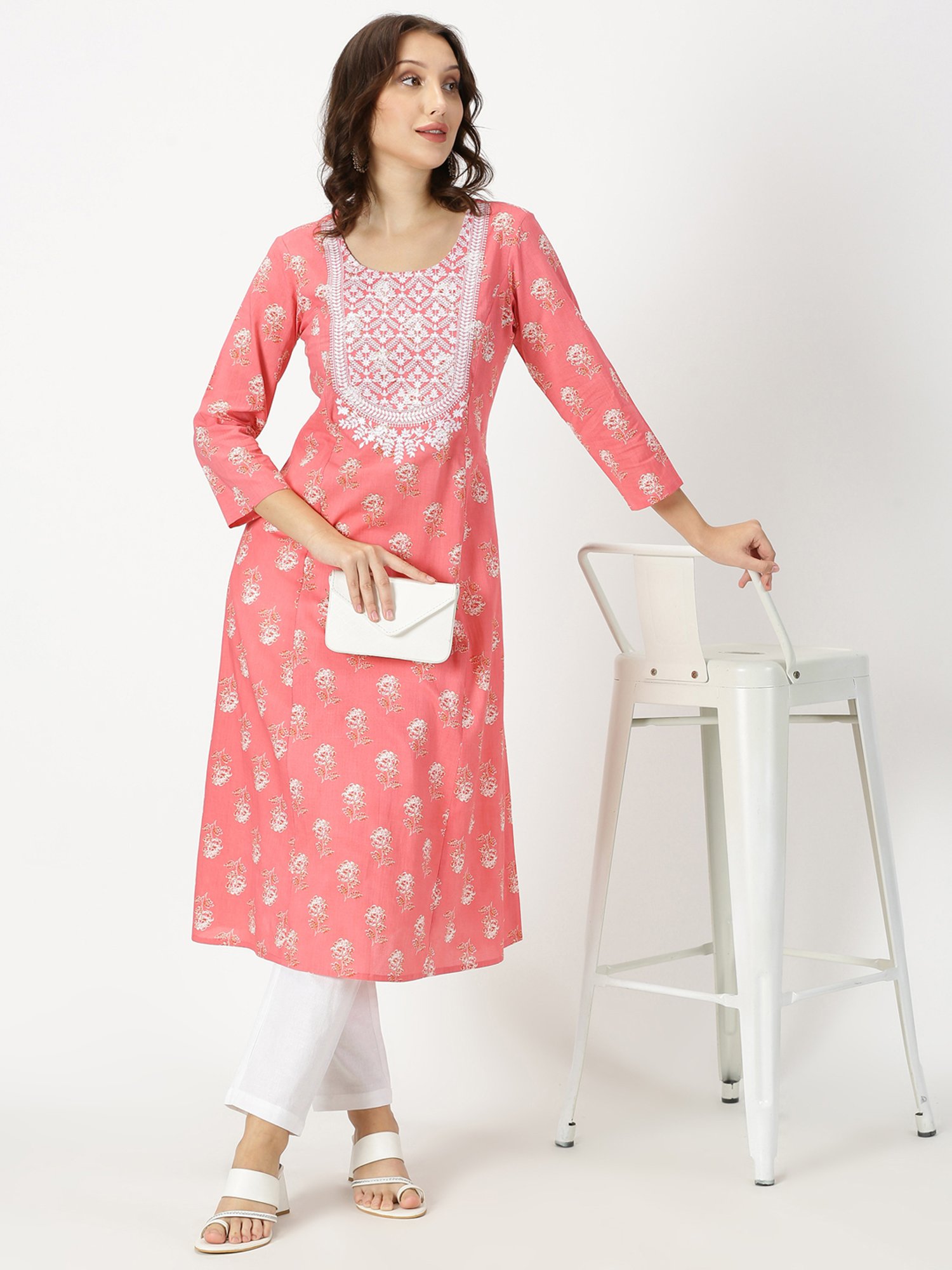 Saffron Threads Coral Floral Print A Line Kurta