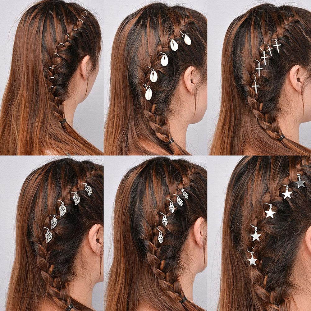 50 Pcs Gold Shell Hands Leaves Star Conch Snowflake Pendant Charms Rings Set Hair Clip Headband Accessories for Pierced Braid