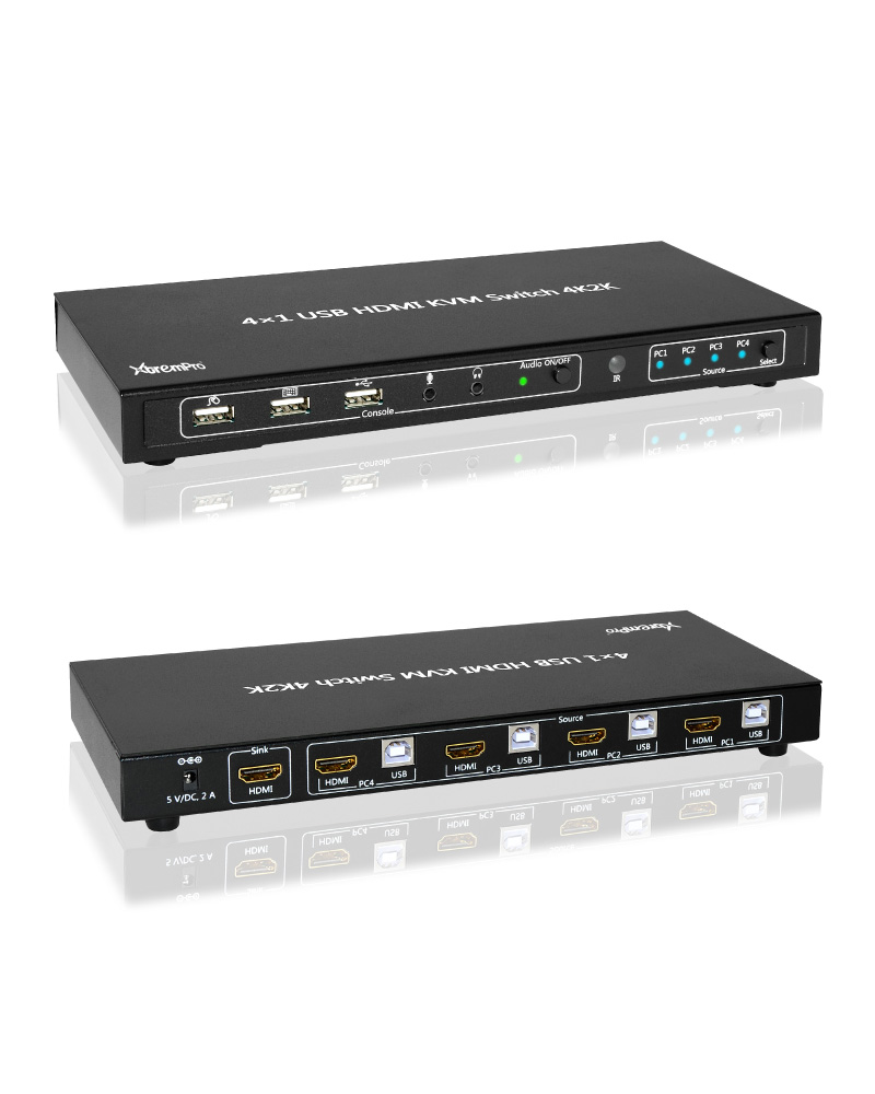 XtremPro 4x1 KVM HDMI Port 1.4 & USB Type B w/2 Channels Switch w/USB Type A 2.0 Keyboard, Mouse, Console, Audio & Microphone Port for Window, Mac, Linux, Game consoles, DVD etc- Black (61077)