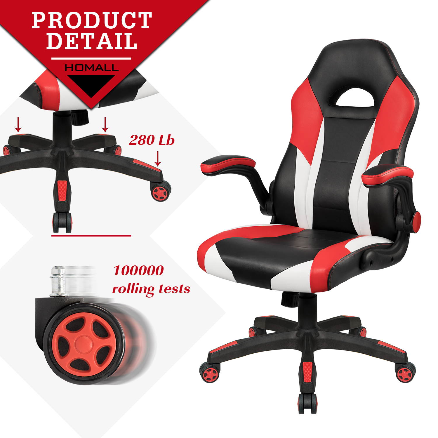 Homall Gaming Chair Office Computer Chair Racing Desk Chair Ergonomic High Back Adjustable Swivel Chair PU Leather Executive Chair for Adults with Flip Up Padded Arms (Red)