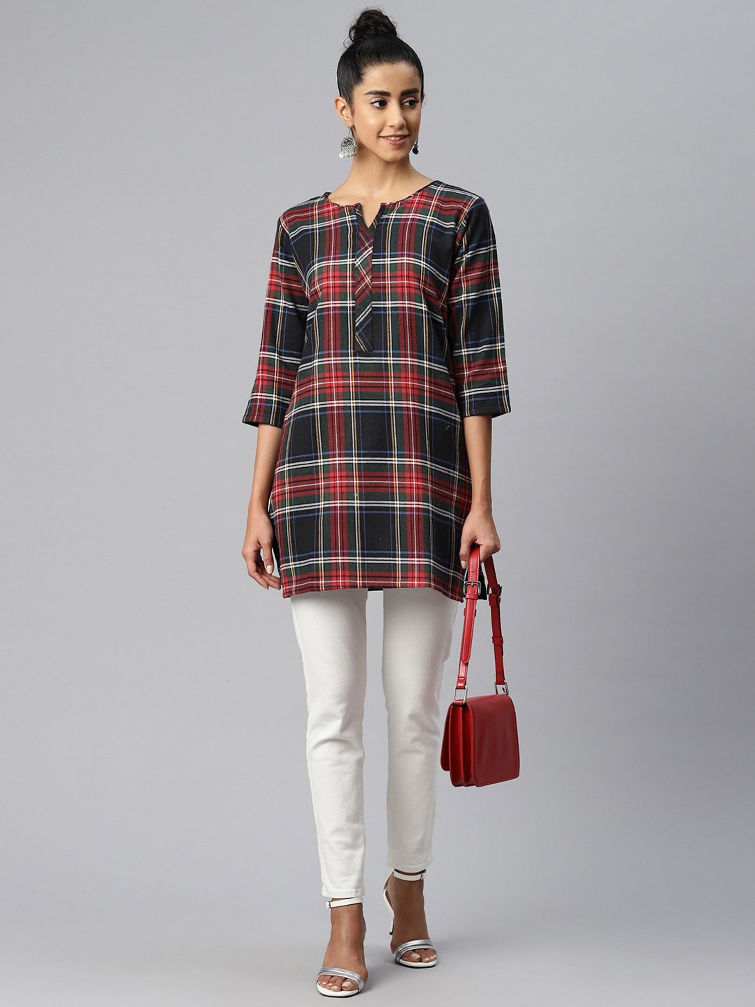 One Femme Brown & Black Check A Line Kurti