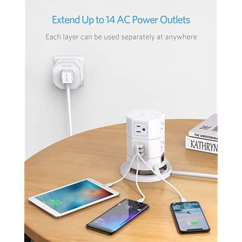 12 Outlets Power Strip Tower with 3 USB Ports Stackable Design Extend to 14 AC Outlets for PC Laptop Mobiles6 Feet Extension CordWhite