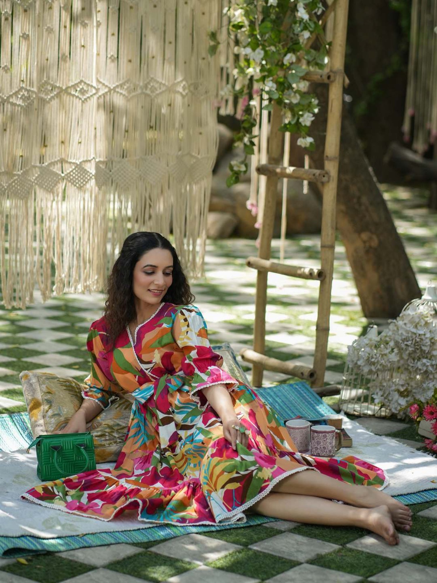 Rain and Rainbow Multicolored Cotton Floral Print A-Line Dress