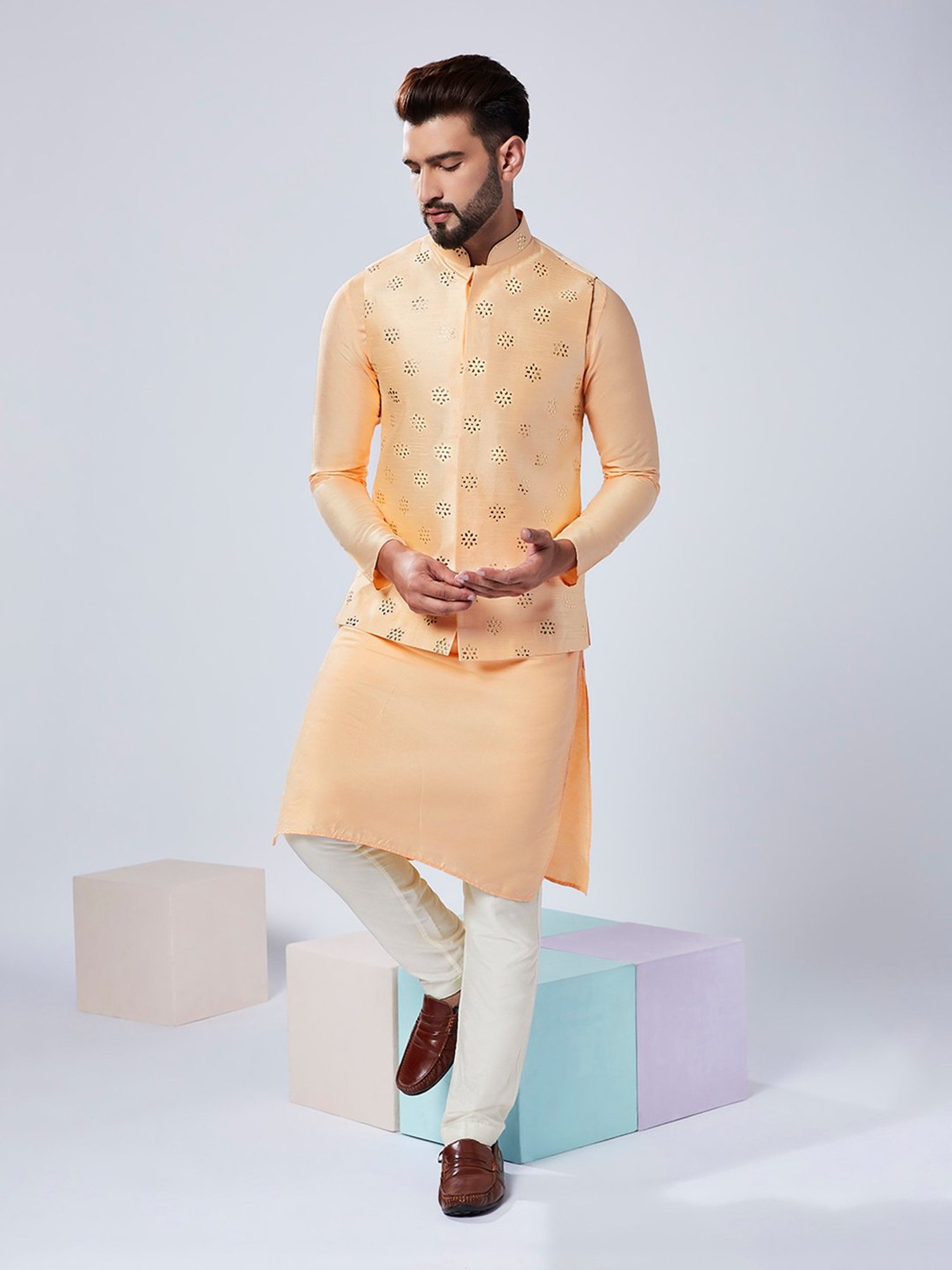KISAH Nude & Off White Regular Fit Embellished Kurta & Pants With Nehru Jacket
