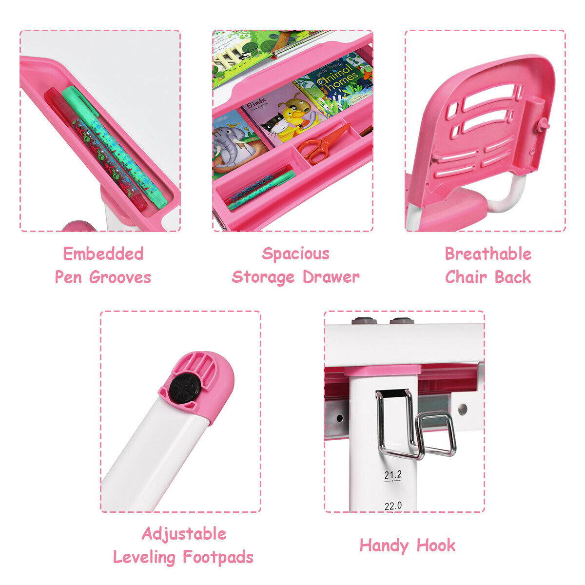 Height Adjustable Children&rsquo;s Desk Chair Set Multifunctional Study Drawing Pink