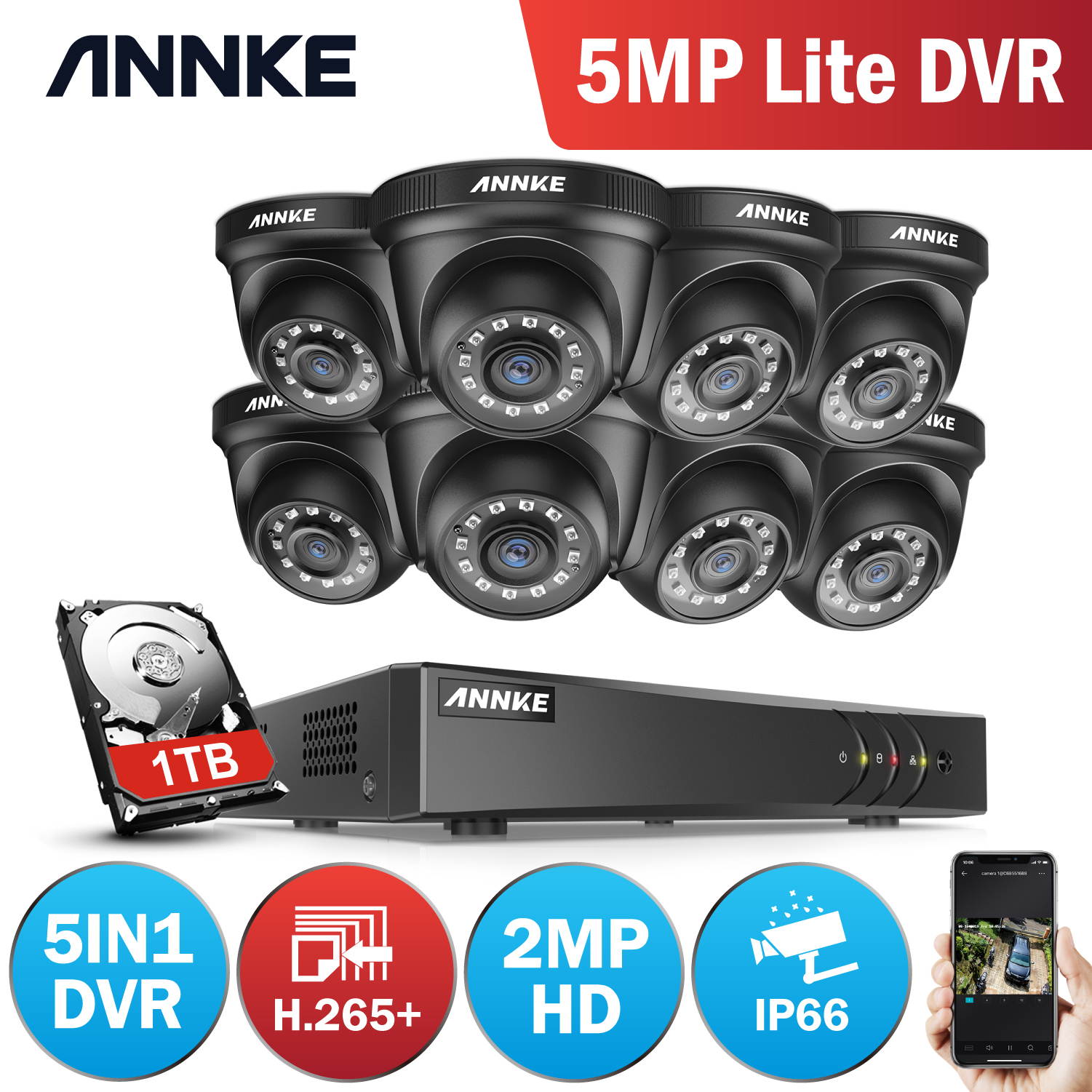 ANNKE 1080p 8CH Security Camera System  with 8&times;1080P HD Indoor/Outdoor Weatherproof CCTV Cameras, Motion Alert, Remote Access with 1TB