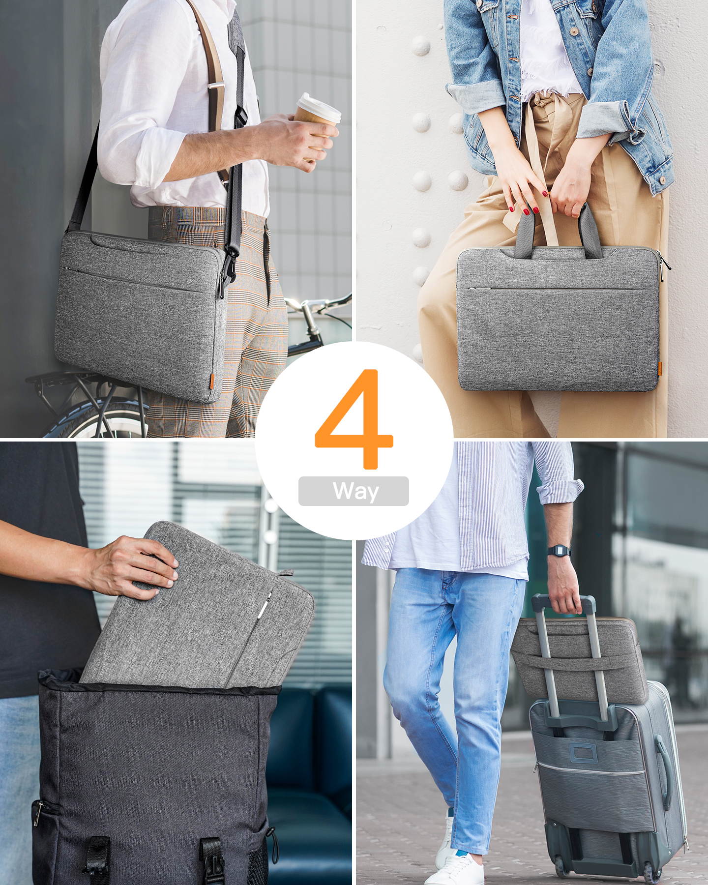 Inateck 14&rdquo; 360&deg; Protective Laptop Shoulder Bag Sleeve Crossbody Bag with Handles, Luggage Strap, Detachable Shoulder Strap, Splash-Resistant for Commuting, School, Business, Travel, Gray