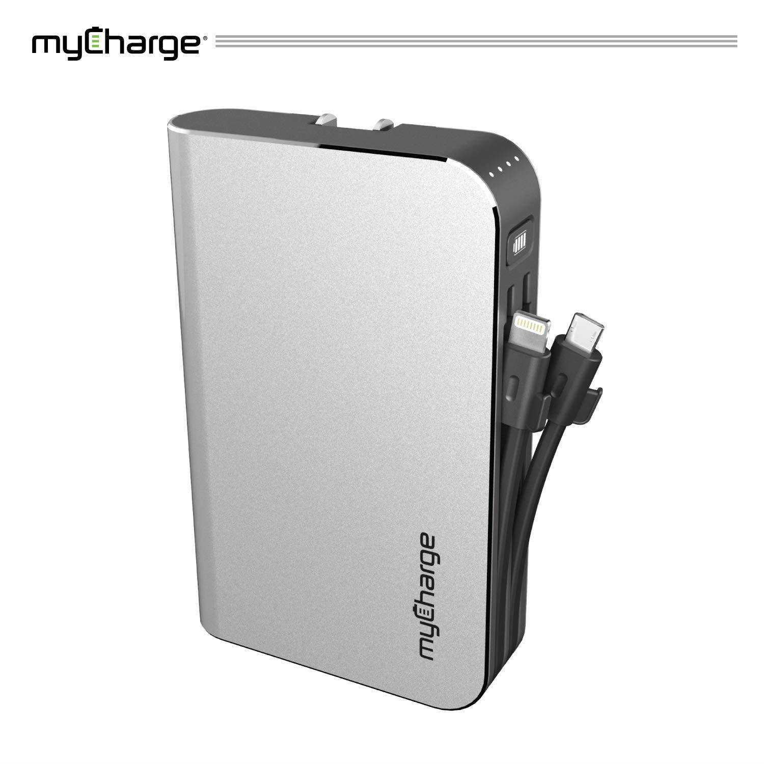 myCharge Portable Charger Power Bank - HubMax Universal 10050 mAh External Battery Pack | Wall Charger Foldable Plug | Built in Cables (iPhone Charger Lightning Cable and Android Samsung USB C)