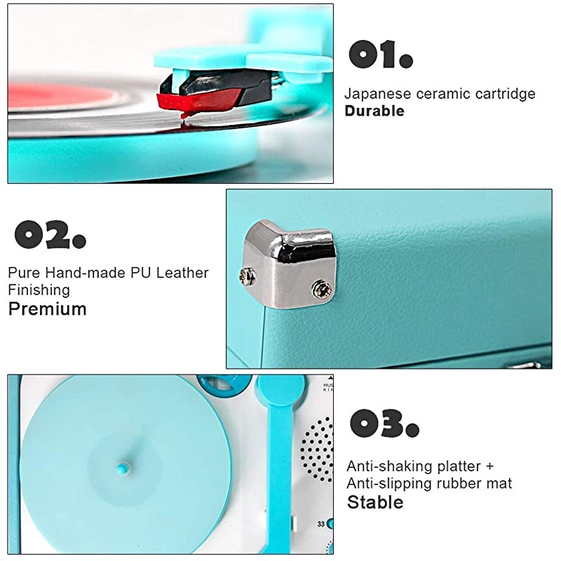 Player, Portable Mini Suitcase Turntable for 7 Inch Vinyl , Belt-Drive 2-Speed Turntable with Built in Stereo Speaker (Blue)
