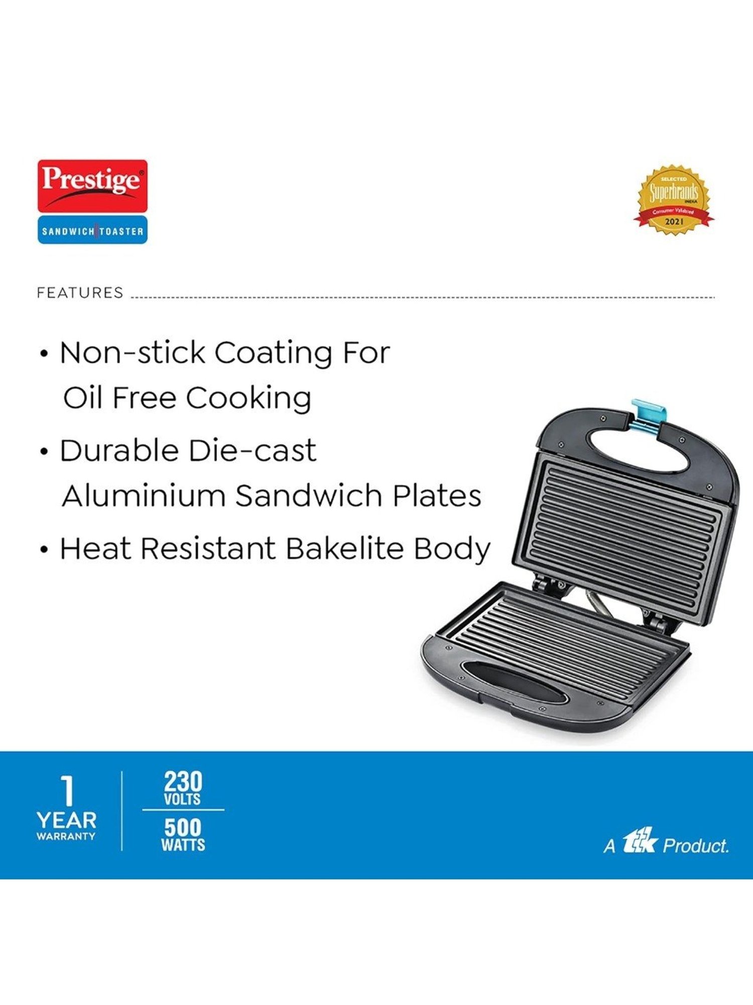 Borosil Sandwich Maker 700W Non Stick Coating (Black)